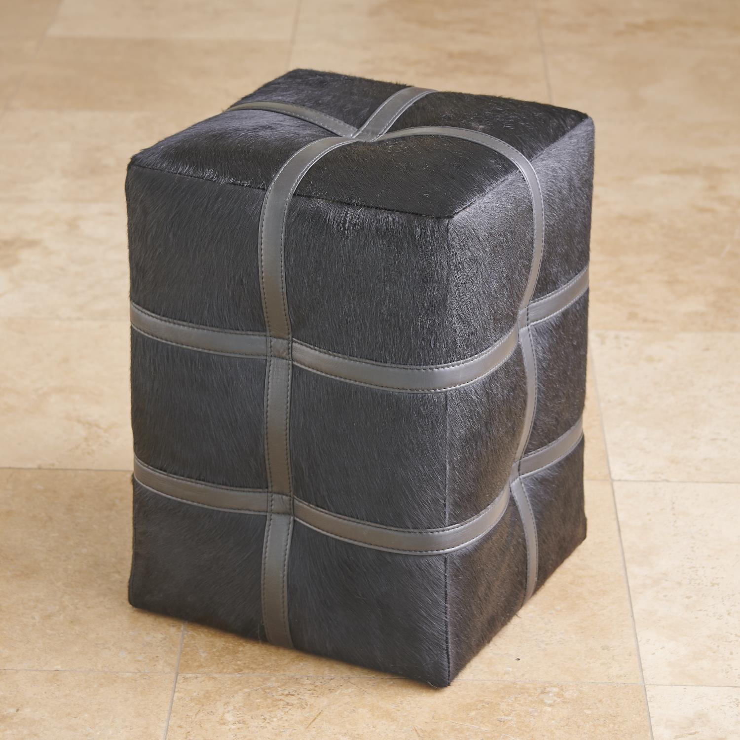Belted Poof-Global Views-GVSA-9.93210-Stools & OttomansBlack Hair on Hide Leather-4-France and Son