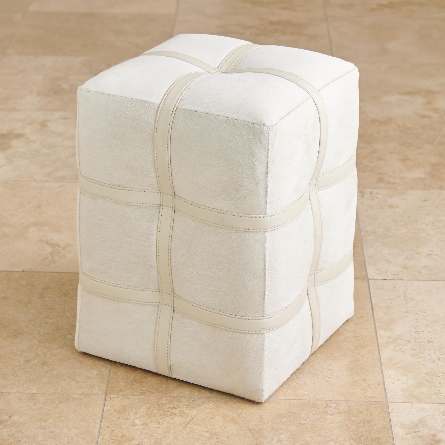 Belted Poof-Global Views-GVSA-9.93211-Stools & OttomansIvory Hair on Hide Leather-1-France and Son