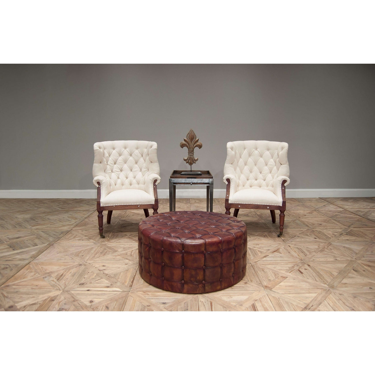 Leather Tufted Ottoman-SARREID-SARREID-29549-Stools & Ottomans-2-France and Son