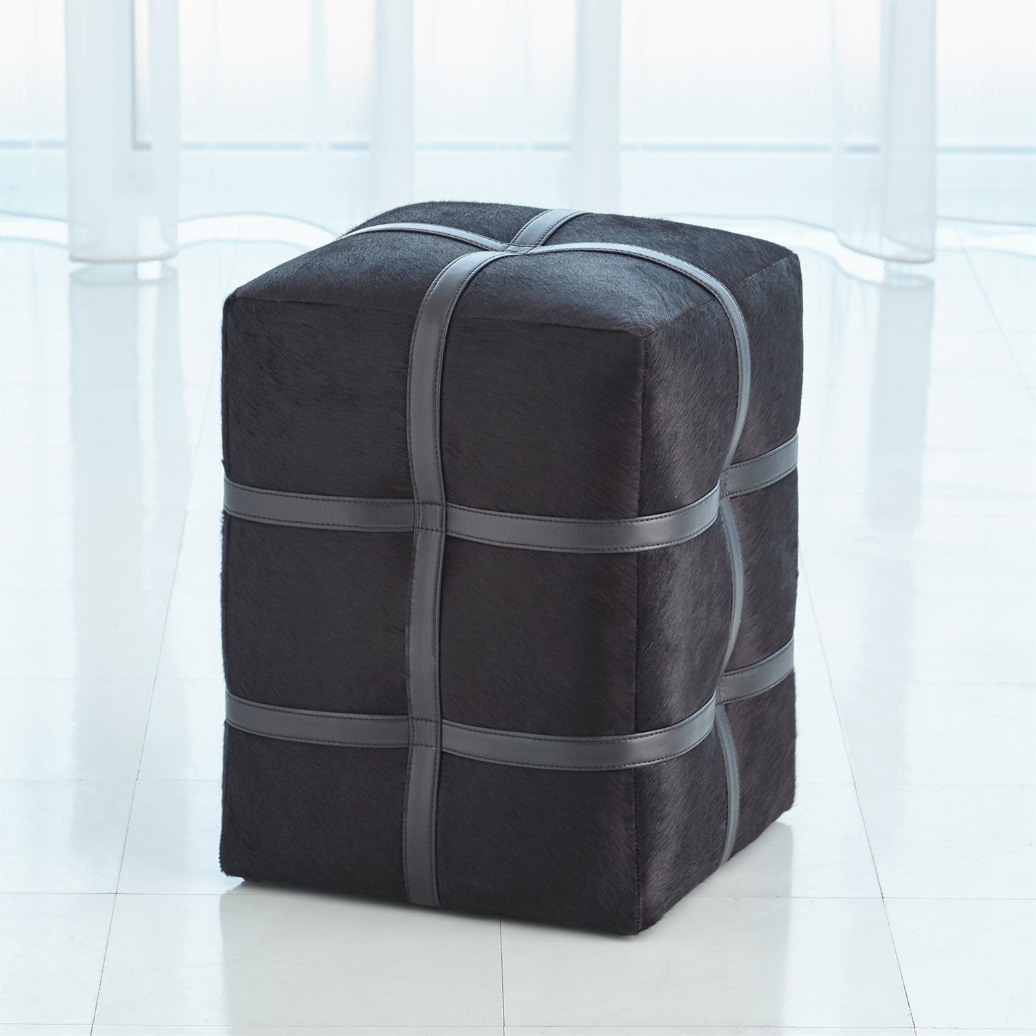 Belted Poof-Global Views-GVSA-9.93211-Stools & OttomansIvory Hair on Hide Leather-5-France and Son
