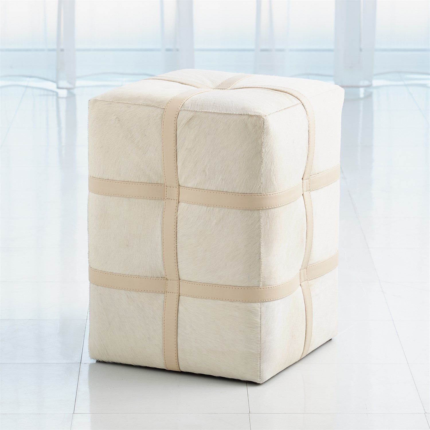 Belted Poof-Global Views-GVSA-9.93211-Stools & OttomansIvory Hair on Hide Leather-3-France and Son