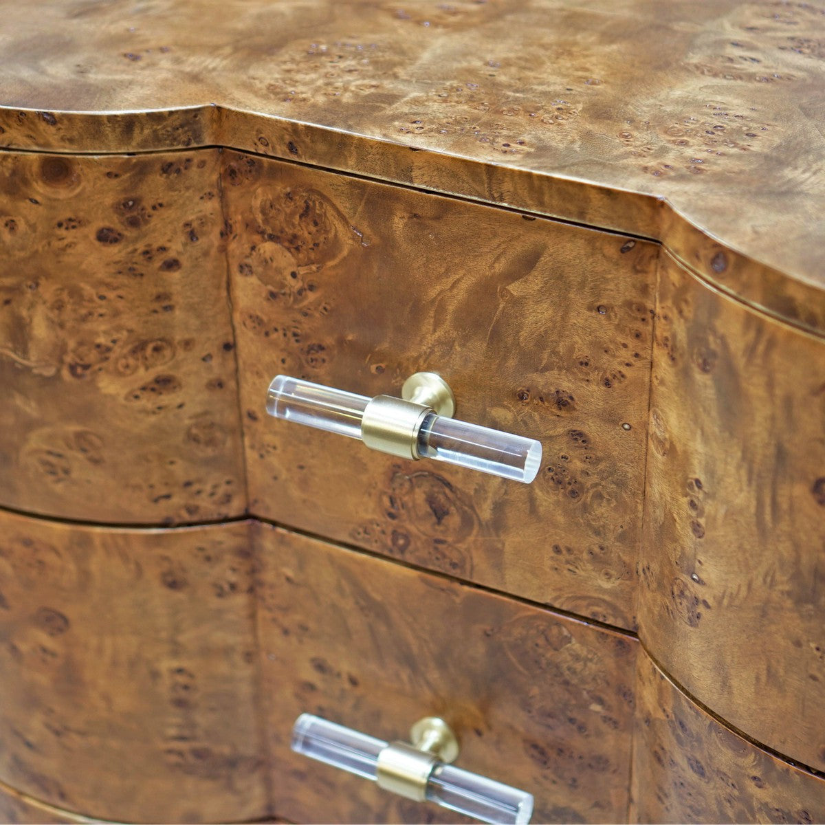 Calvin - Three Drawer Side Table In Dark Burl Wood With Acrylic Hardware
