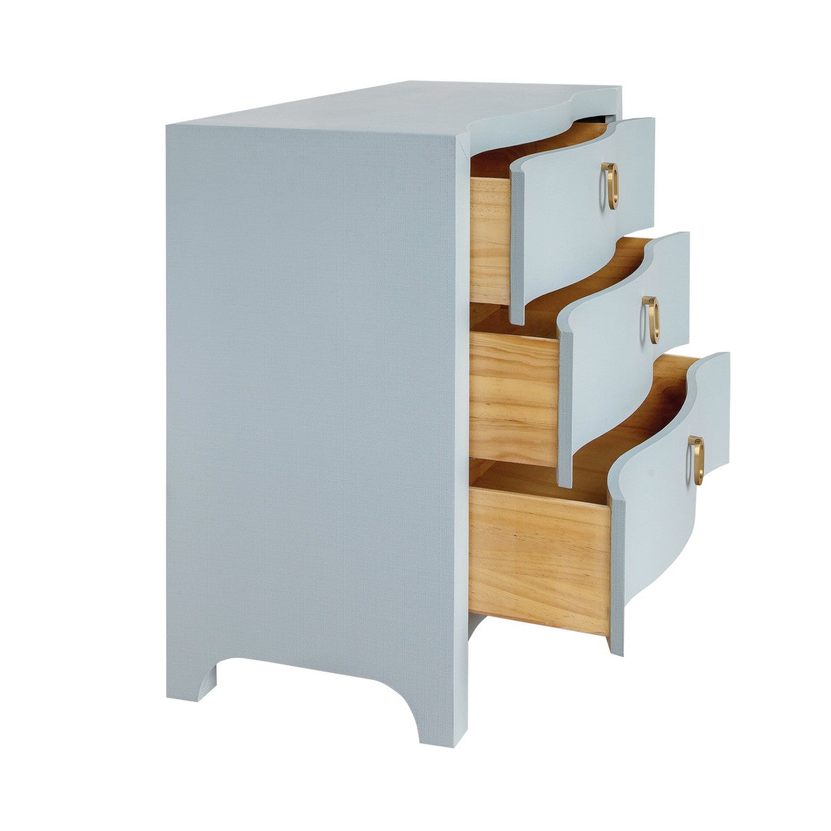 Cora - Curved Front Chest With Three Drawers In White Light Blue Textured Linen With Satin Brass Ring Hardware