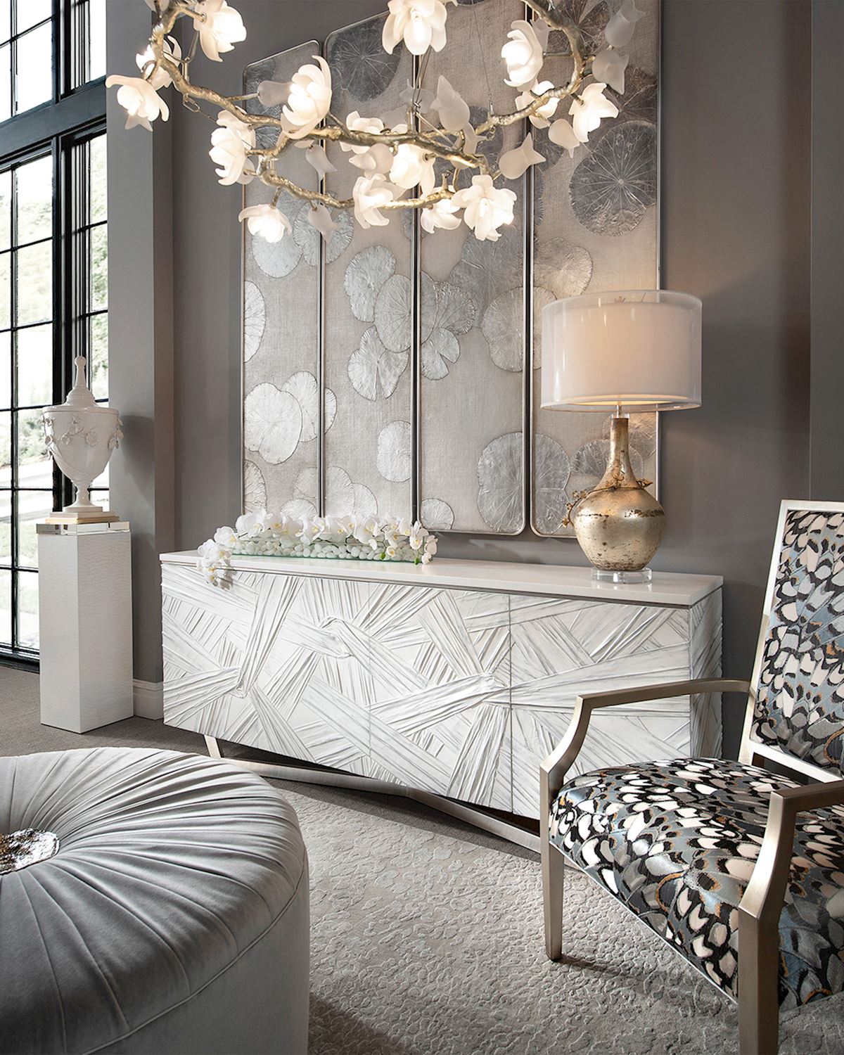 Mark Mcdowell'S Four-Panel Silver Lotus Wall Art - Black And White,Brown,Grey,Off White,White