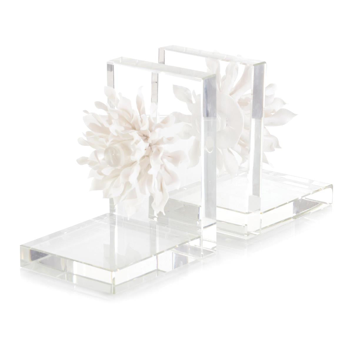 Set Of Two Porcelain Petals And Crystal Bookends - White