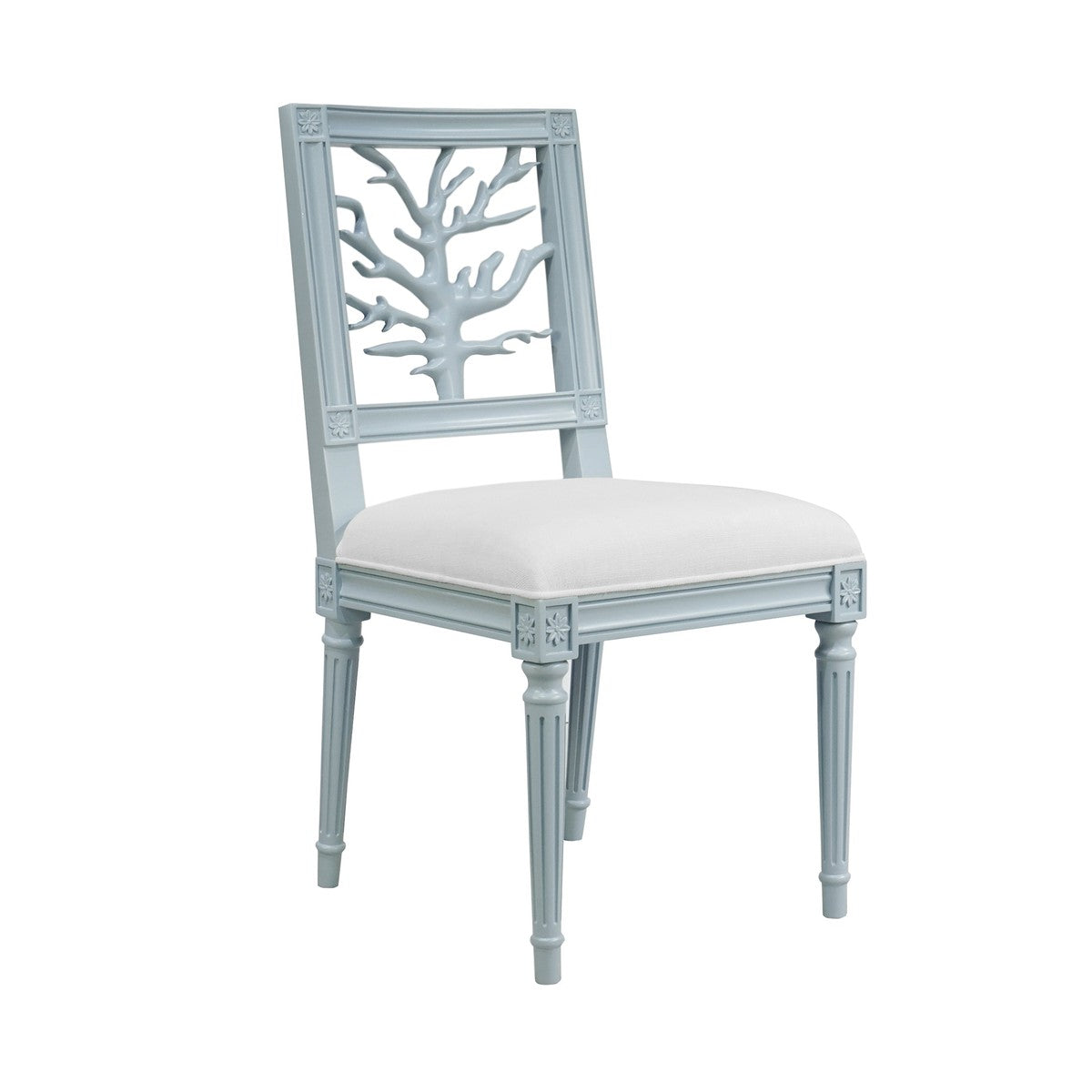 Mckay - Coral Motif Back Dining Chair With White Linen Seat In Matte Light Blue Lacquer