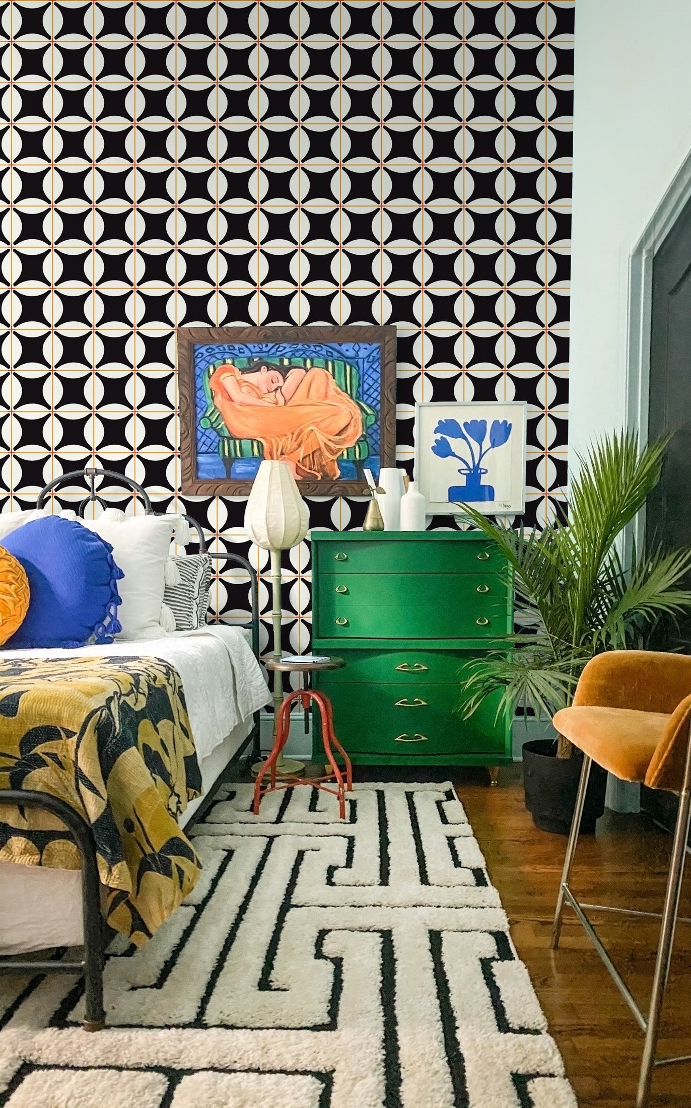 Traveler Tile Wallpaper-Mitchell Black-MITCHB-WCNP105-BK-PM-10-Wall PaperPatterns Onyx-Premium Matte Paper-2-France and Son