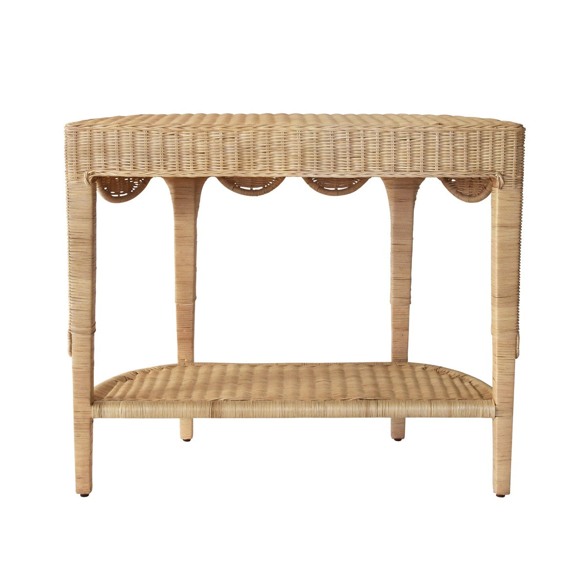 Paloma - Scalloped Top Demi Lune Console In Woven Rattan With Open Shelf