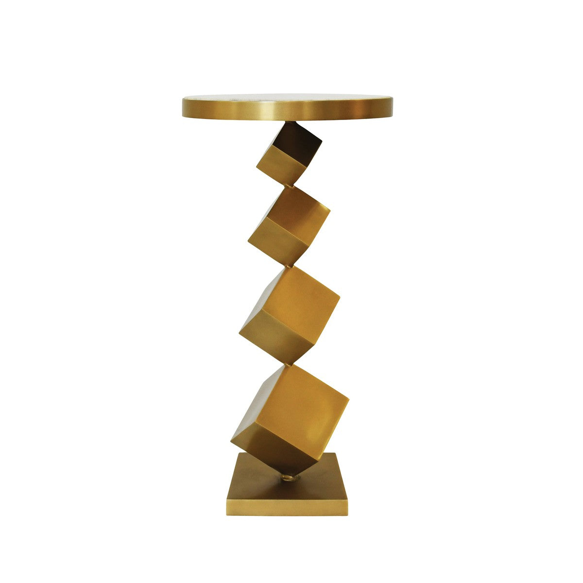 Salvador - Stacked Cube Base Side Table In Antique Brass With Inset White Marble Top
