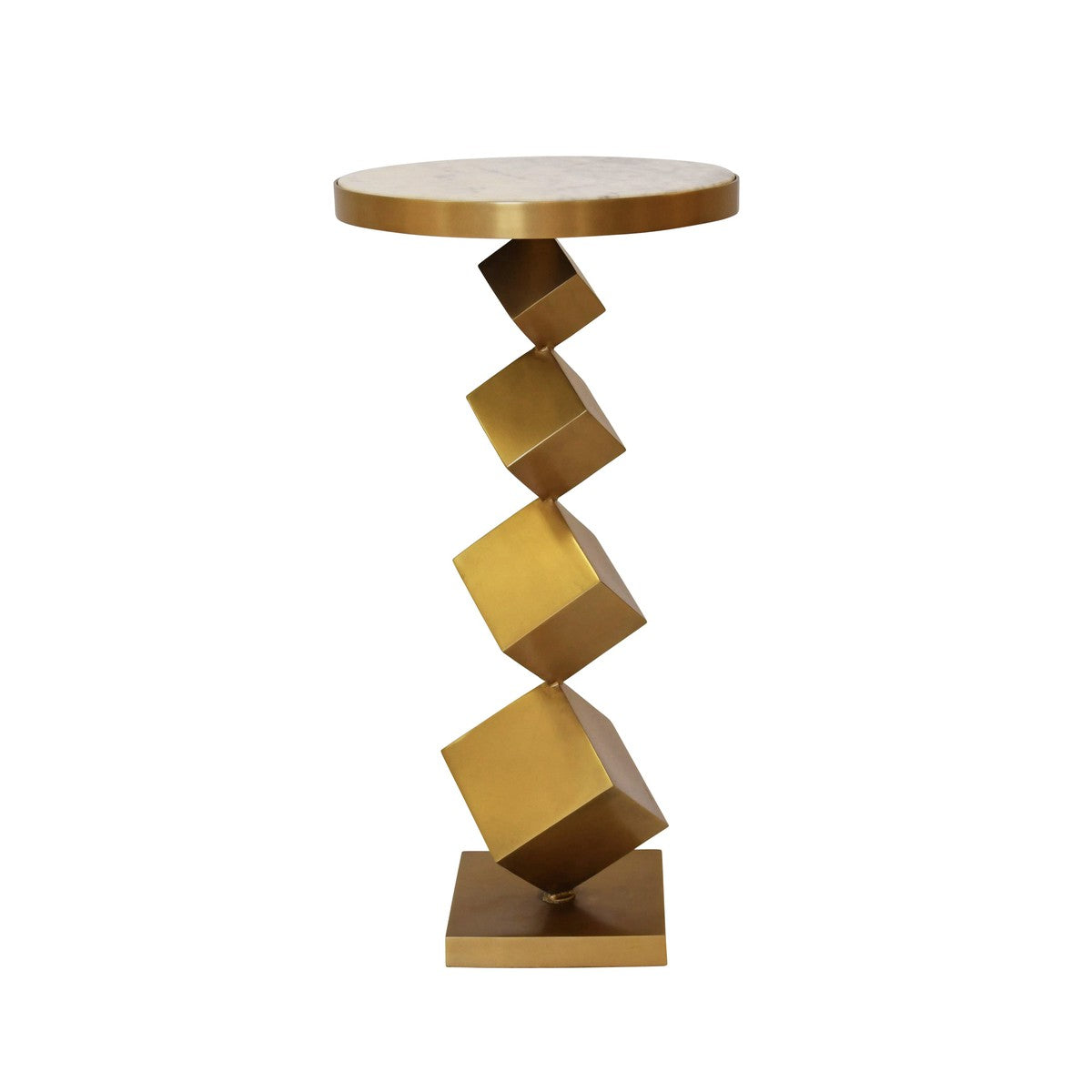 Salvador - Stacked Cube Base Side Table In Antique Brass With Inset White Marble Top
