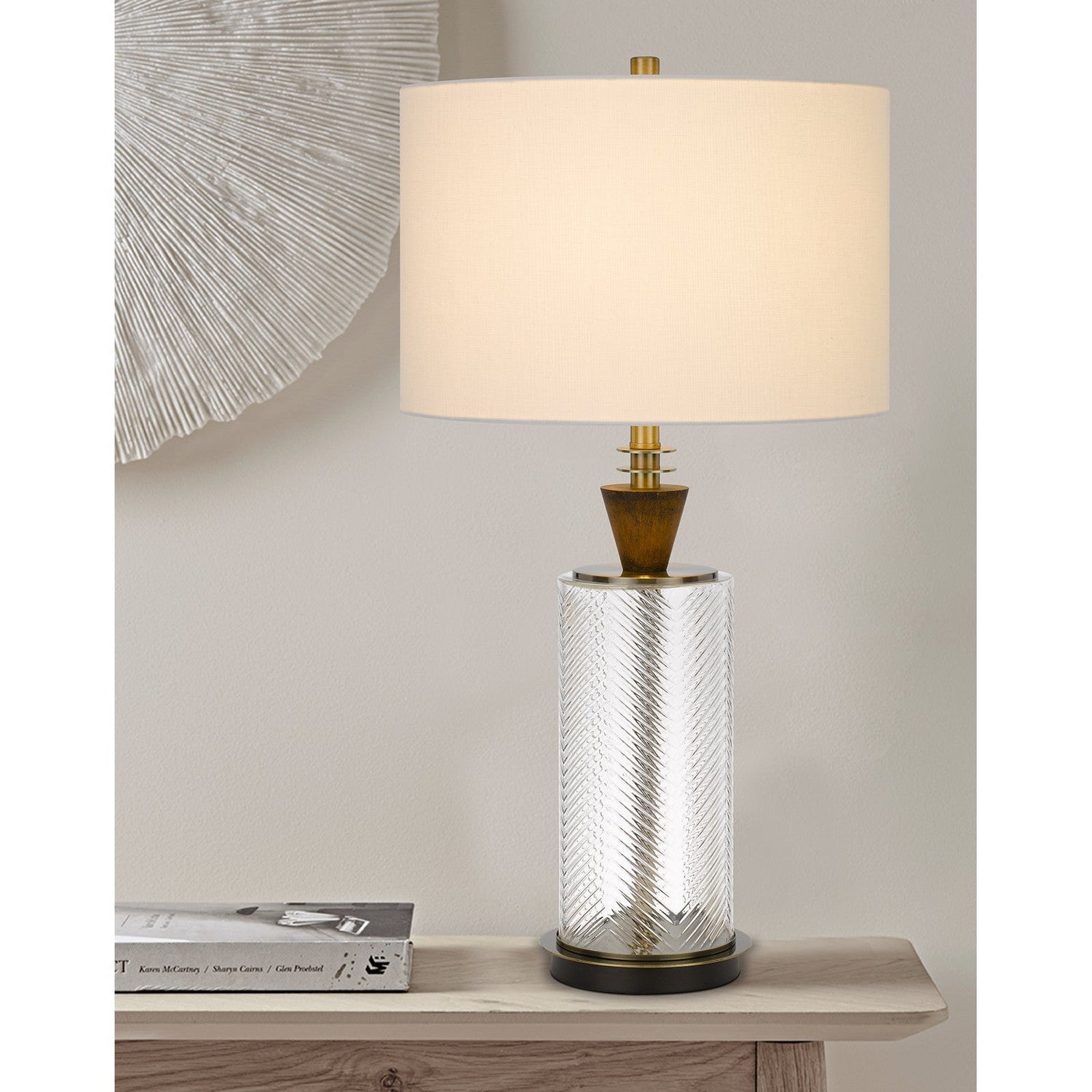 150W 3 way Sherwood glass table lamp with wood font and hardback fabric drum shade-Cal Lighting-CAL-BO-2987TB-Table Lamps-2-France and Son