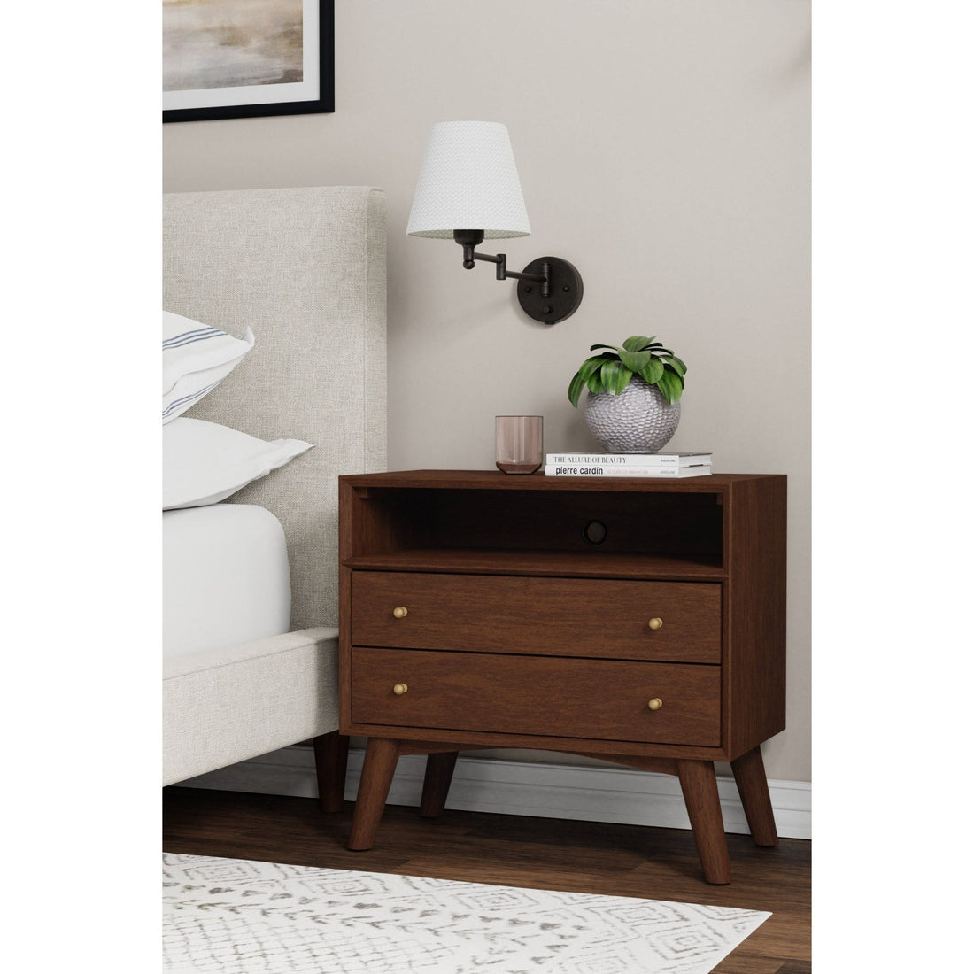 Flynn Large Nightstand, Walnut-Alpine Furniture-ALPINE-966WAL-22-Nightstands-1-France and Son