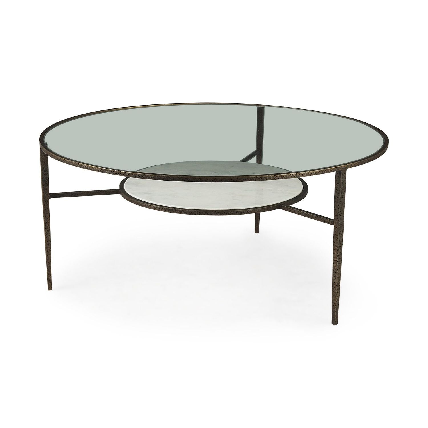 Felicity 36-Inch Round Glass Top Coffee Table with Antique Gold Iron Frame and Marble Shelf
