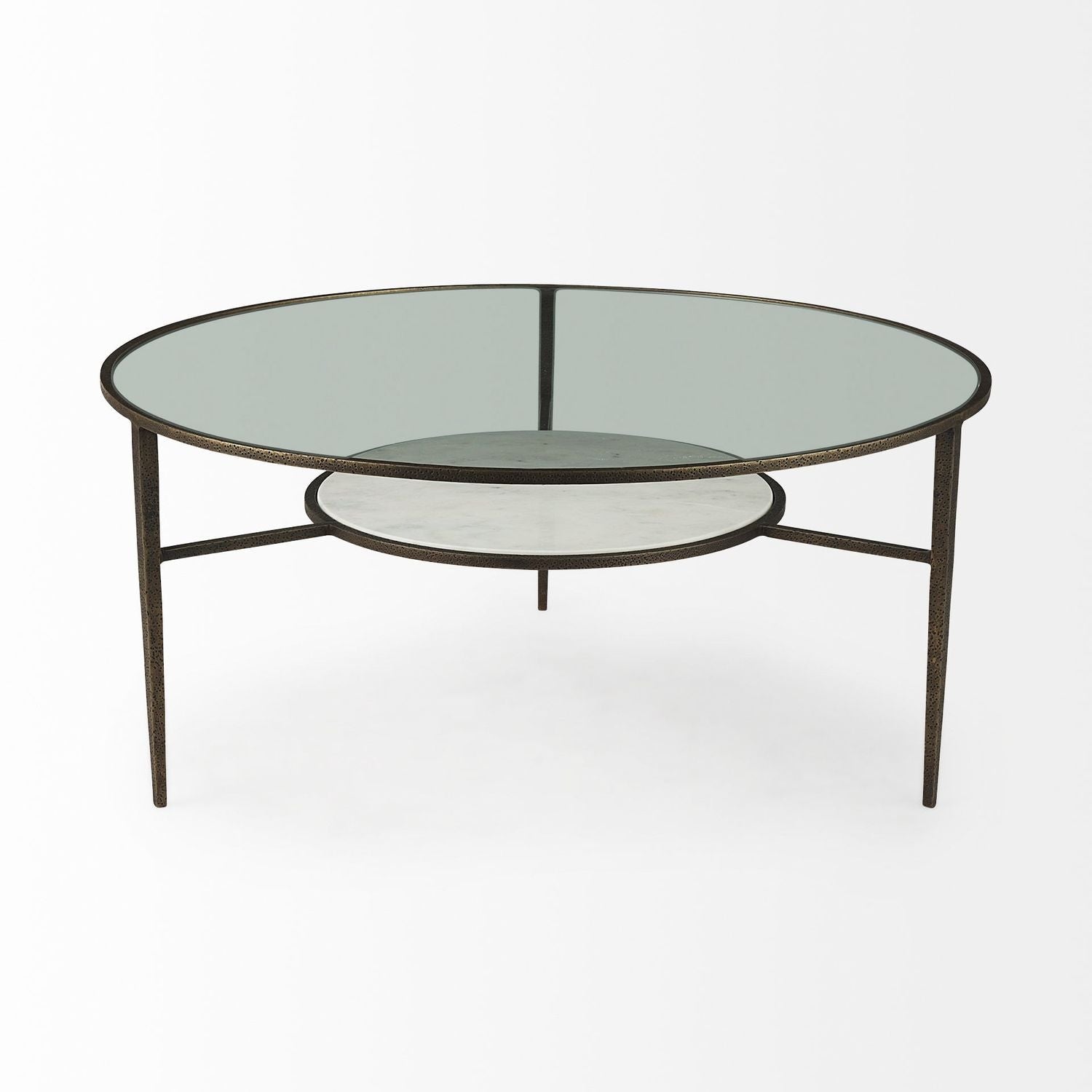 Felicity 36-Inch Round Glass Top Coffee Table with Antique Gold Iron Frame and Marble Shelf