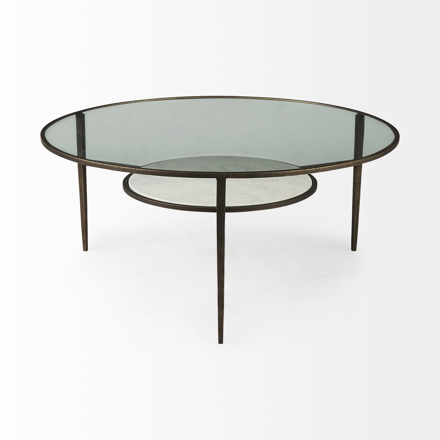 Felicity 36-Inch Round Glass Top Coffee Table with Antique Gold Iron Frame and Marble Shelf