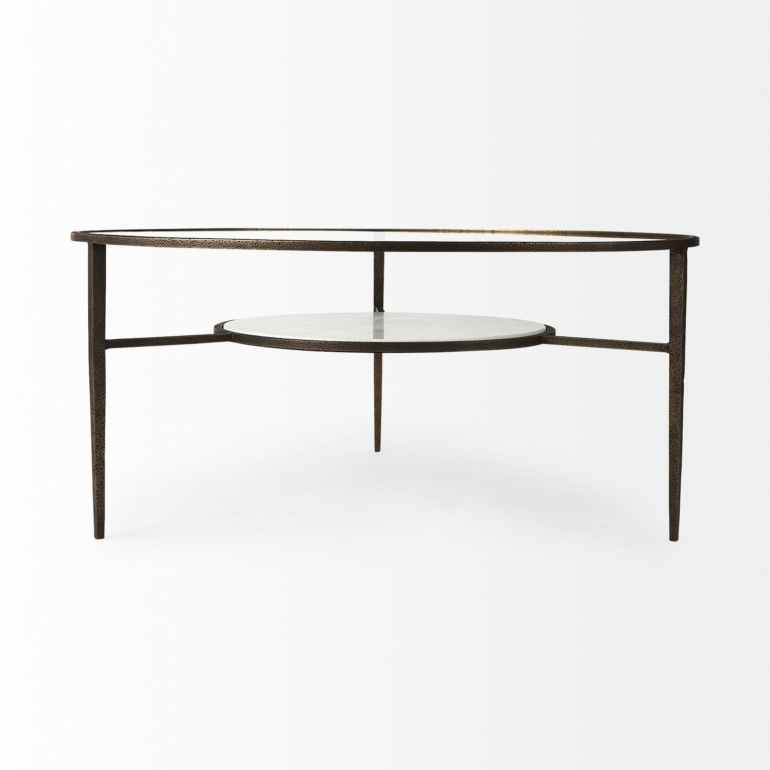 Felicity 36-Inch Round Glass Top Coffee Table with Antique Gold Iron Frame and Marble Shelf