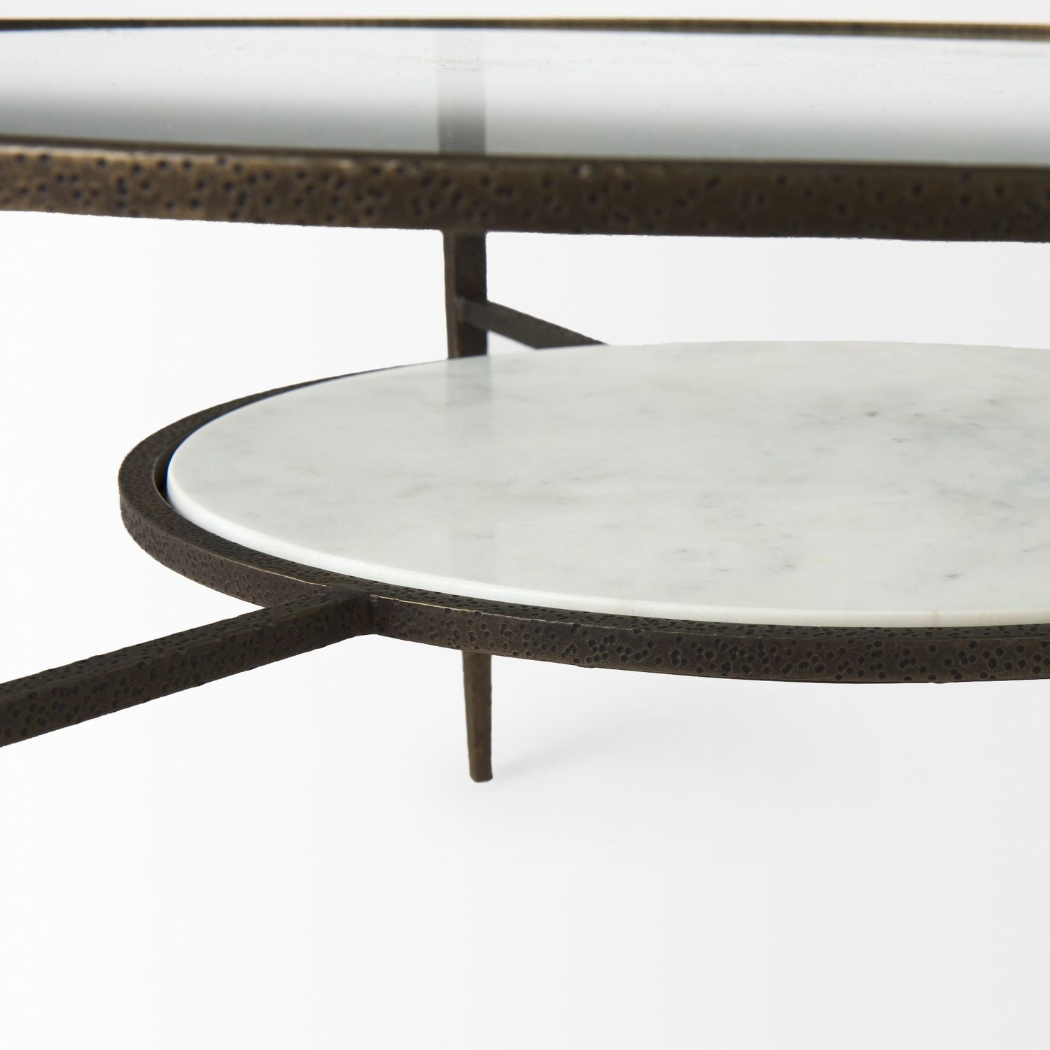 Felicity 36-Inch Round Glass Top Coffee Table with Antique Gold Iron Frame and Marble Shelf
