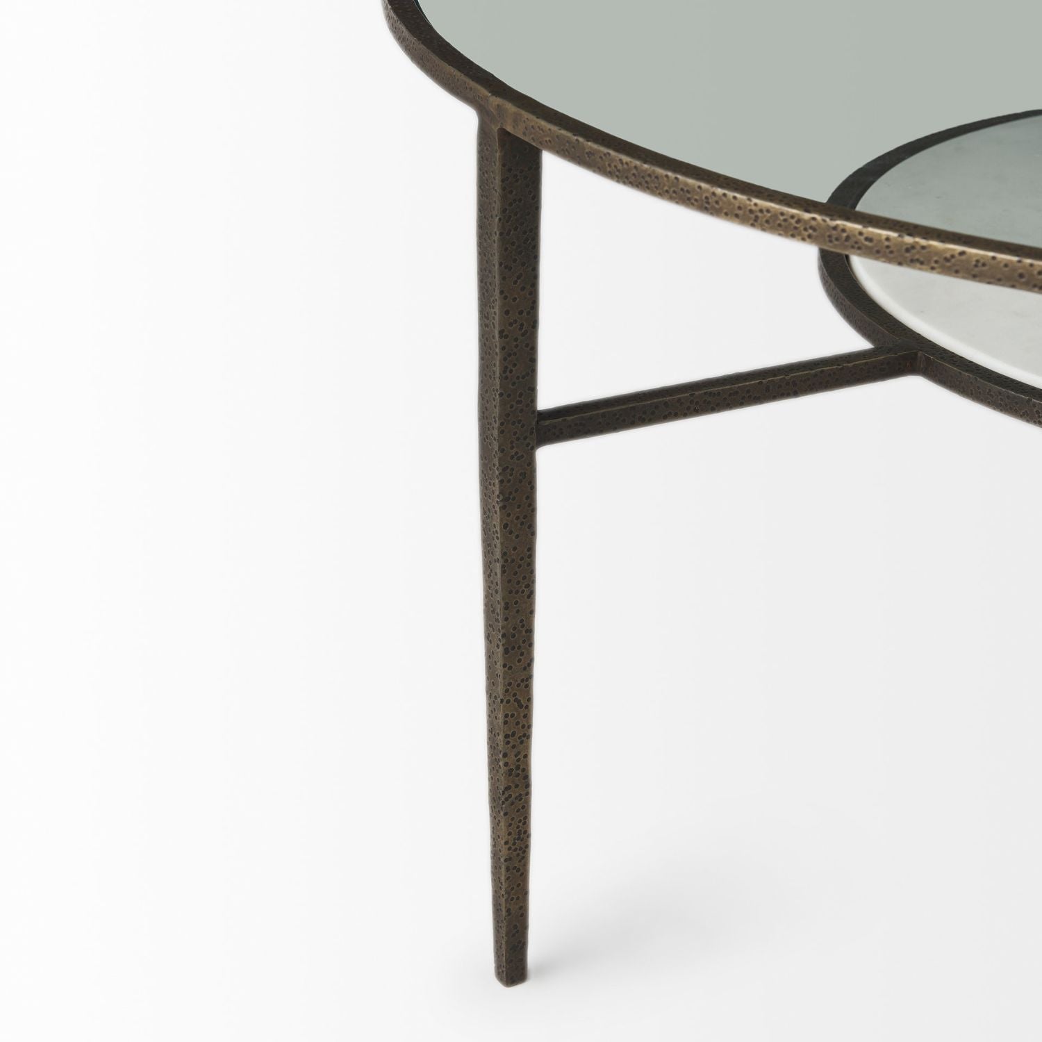 Felicity 36-Inch Round Glass Top Coffee Table with Antique Gold Iron Frame and Marble Shelf