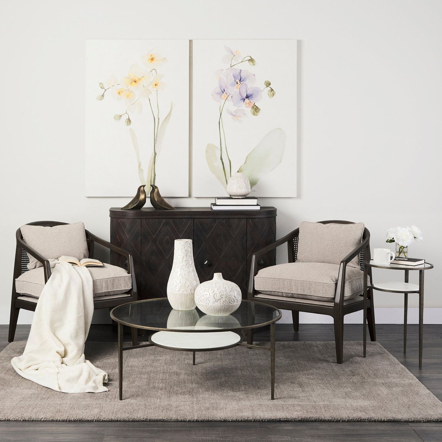 Felicity 36-Inch Round Glass Top Coffee Table with Antique Gold Iron Frame and Marble Shelf