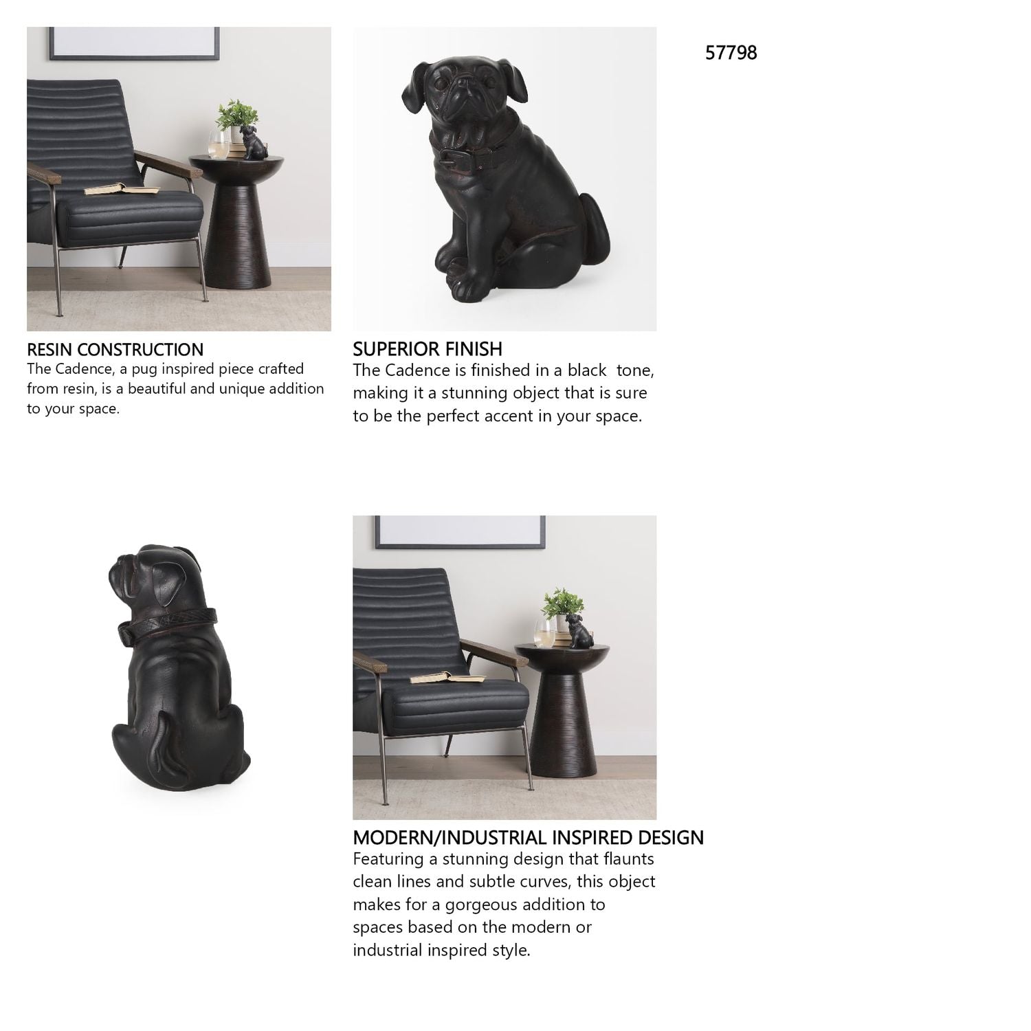 Cadence 4L x 5W Black Resin Pug Dog