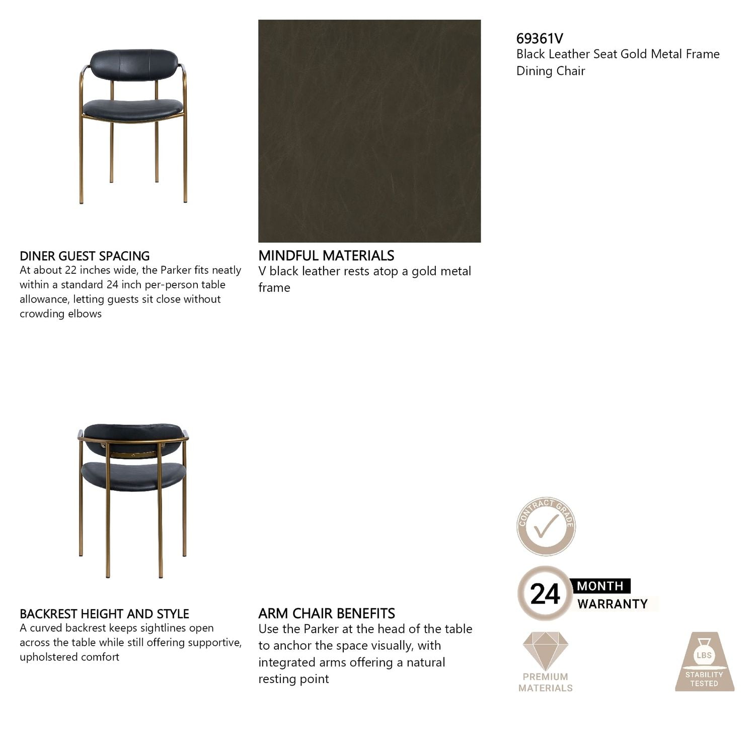 Parker Curved Back Dining Arm Chair | Black Leather w/ Gold Metal