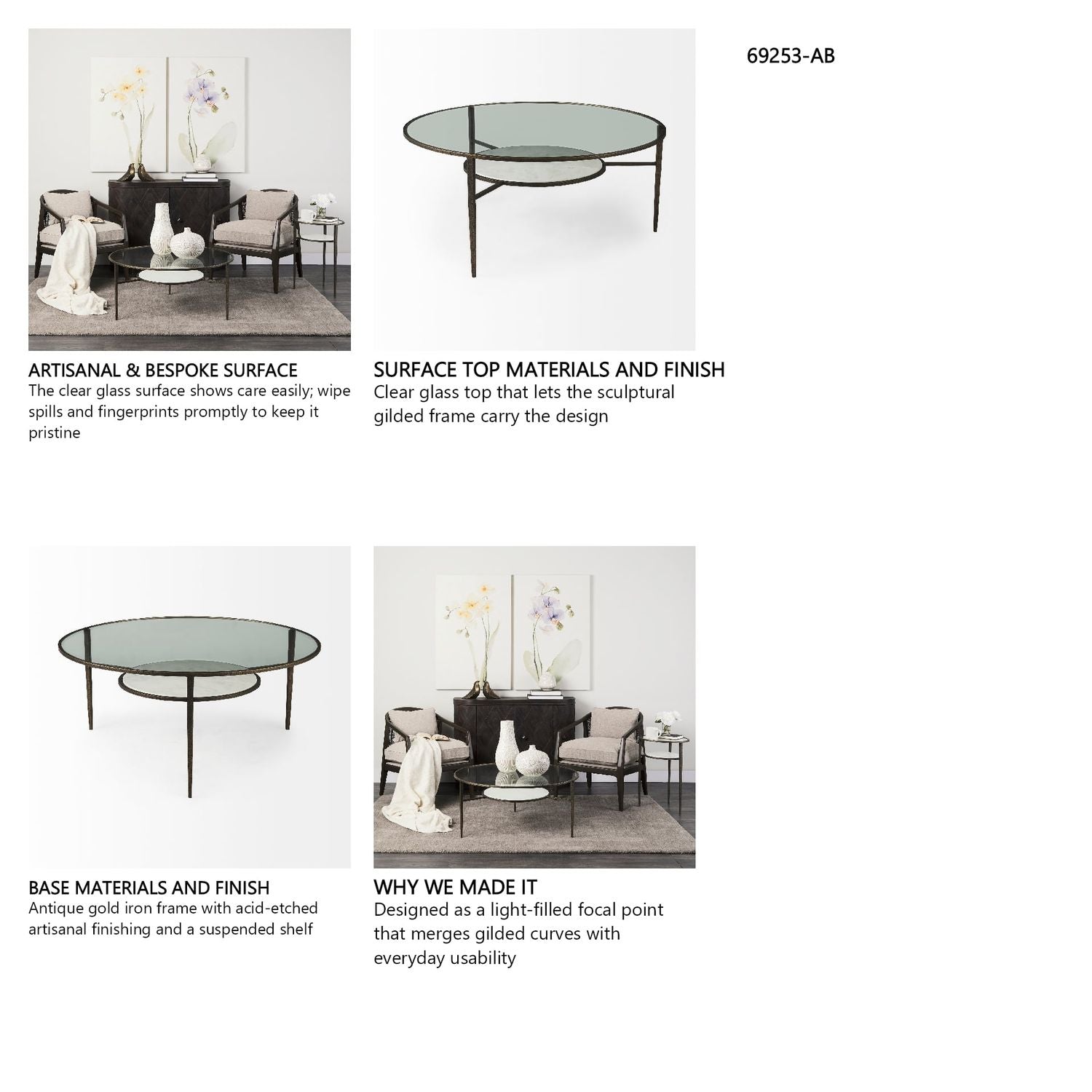 Felicity 36-Inch Round Glass Top Coffee Table with Antique Gold Iron Frame and Marble Shelf