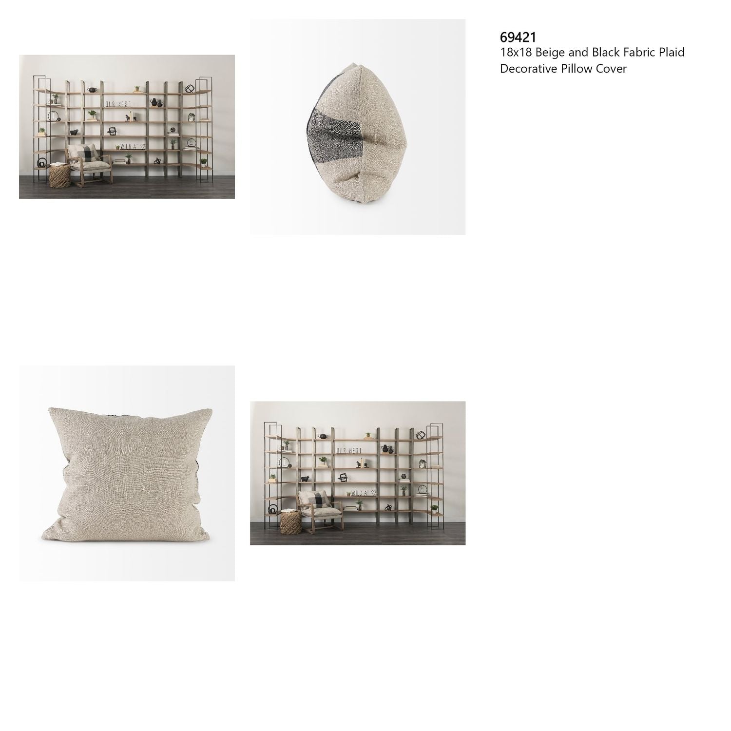 Raquel 18x18 Beige and Black Fabric Plaid Decorative Pillow Cover