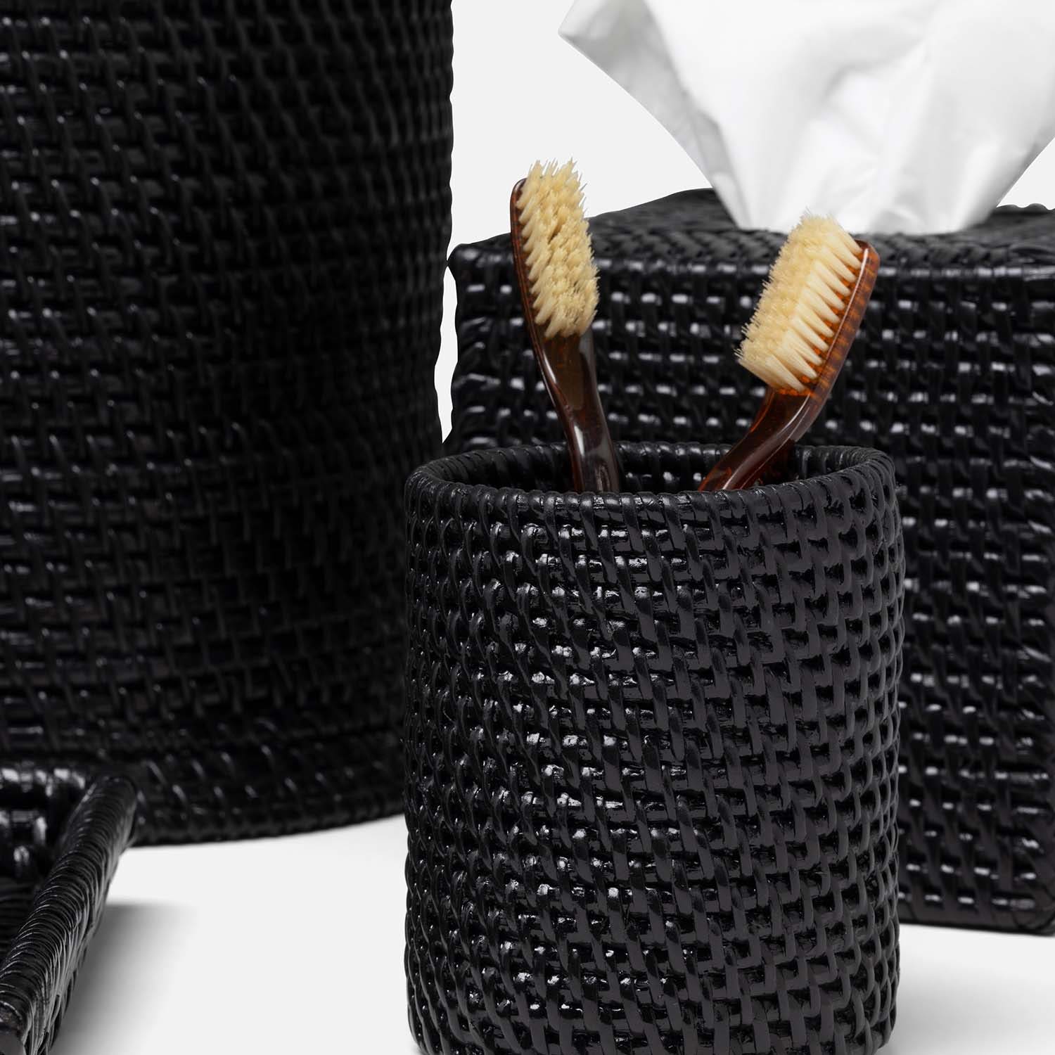 Dalton, True Black, Brush Holder, Round, Rattan