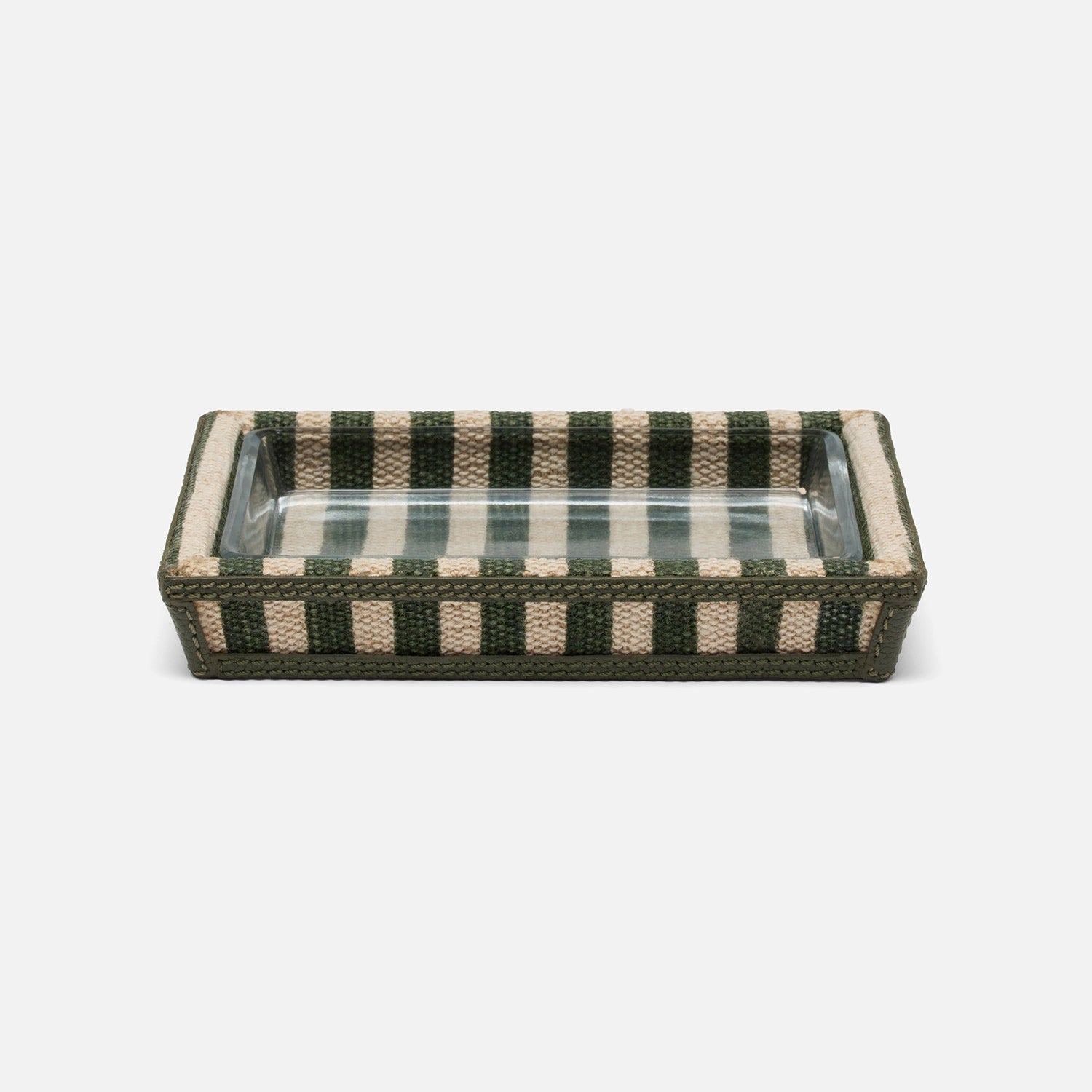 Franklin, Emerald Striped/Forest, Soap Dish, Rectangular Tapered, Cotton Jute/Leather