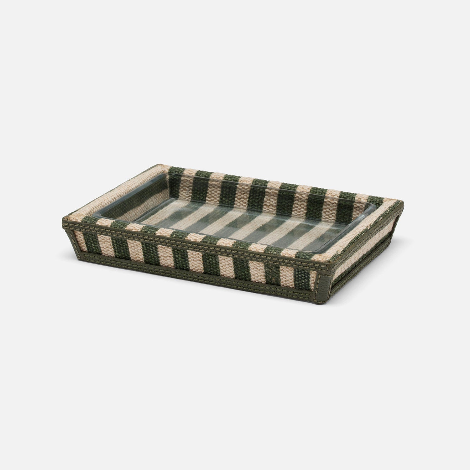 Franklin, Emerald Striped/Forest, Soap Dish, Rectangular Tapered, Cotton Jute/Leather