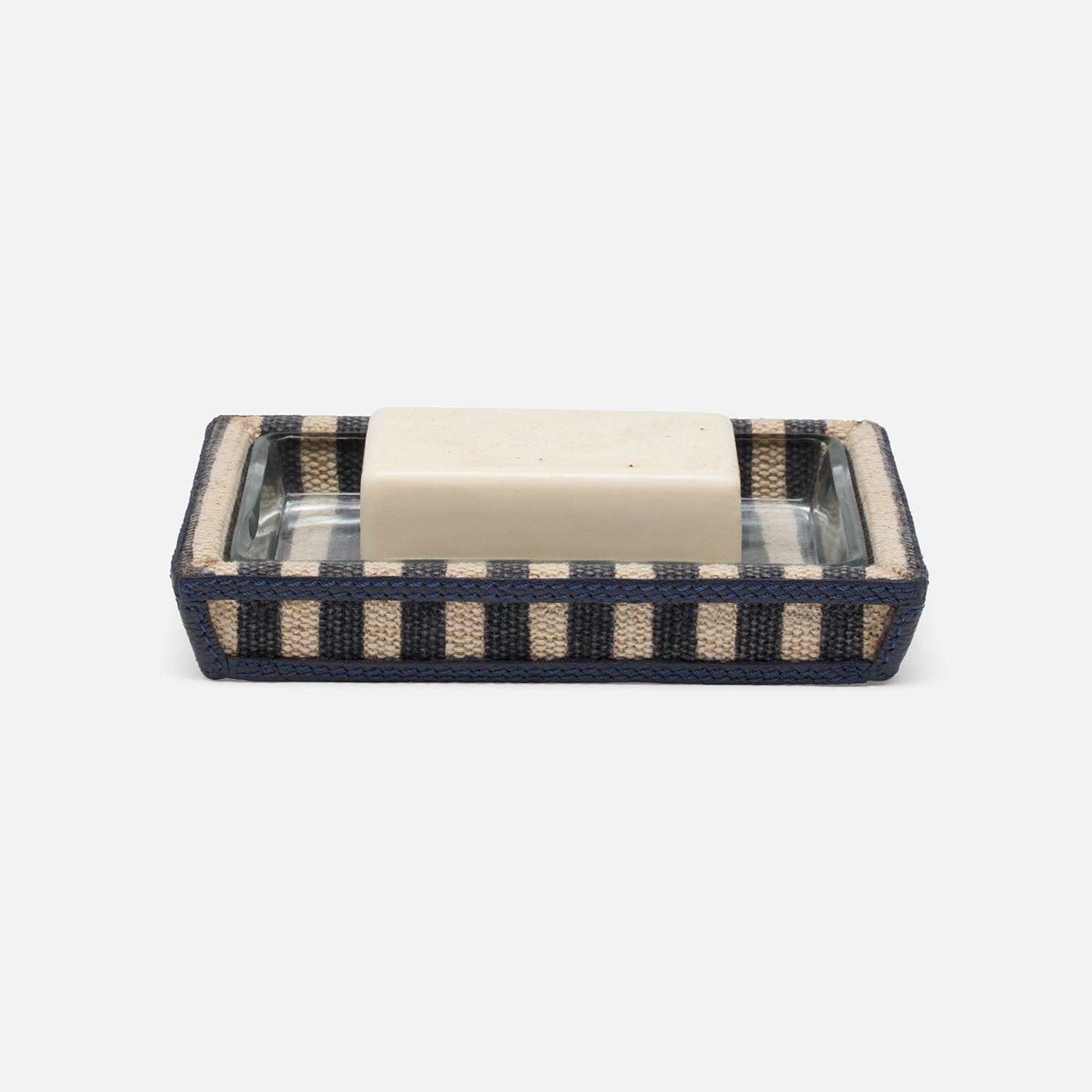 Franklin, Navy Striped/Navy, Soap Dish, Rectangular Tapered, Cotton Jute/Leather