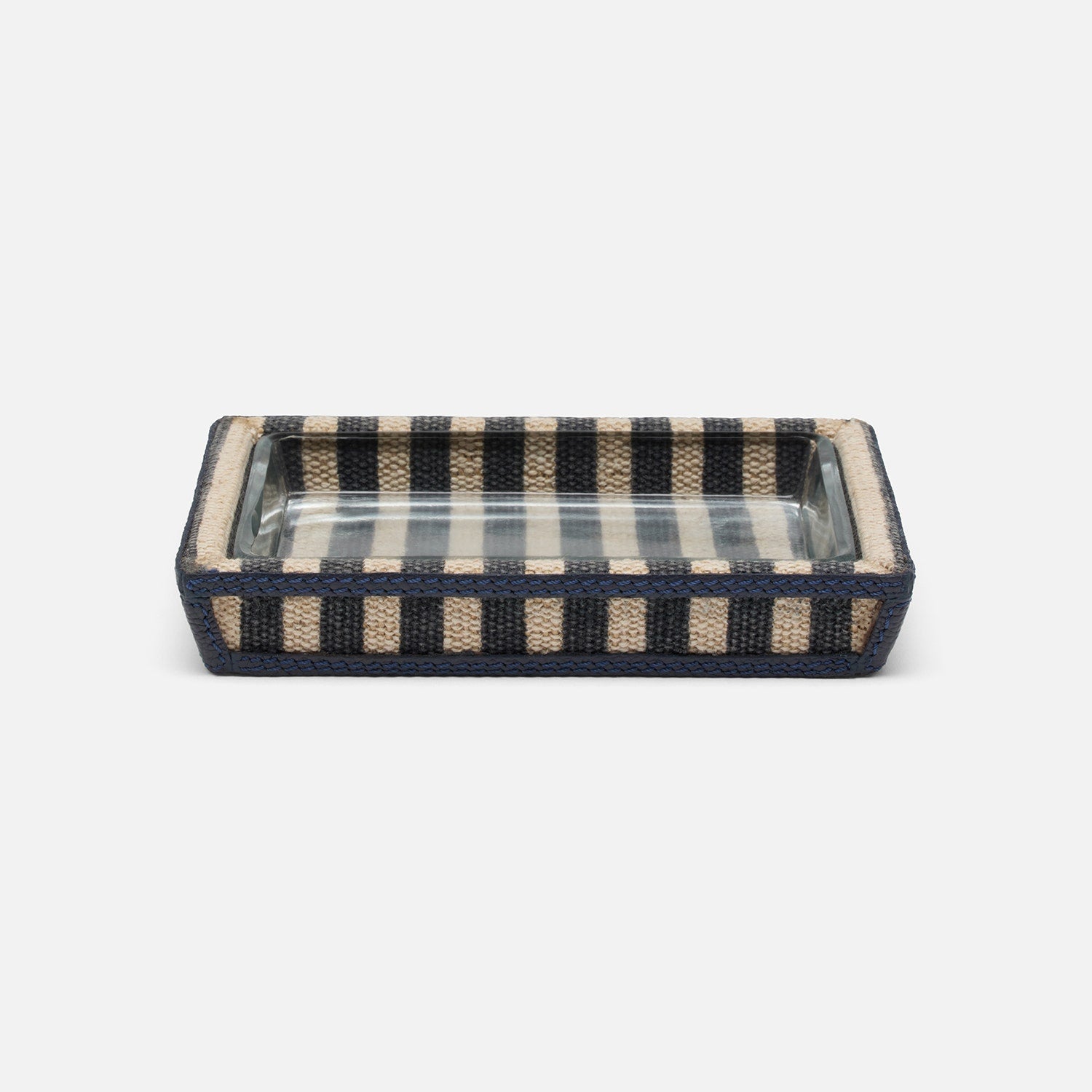 Franklin, Navy Striped/Navy, Soap Dish, Rectangular Tapered, Cotton Jute/Leather