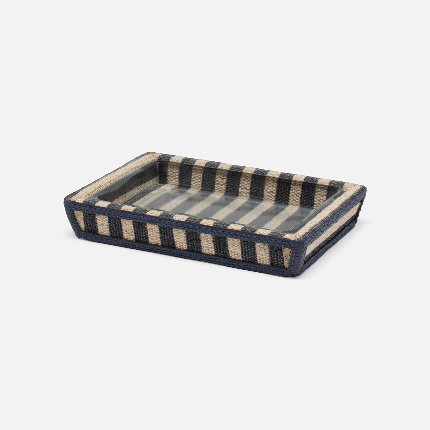 Franklin, Navy Striped/Navy, Soap Dish, Rectangular Tapered, Cotton Jute/Leather
