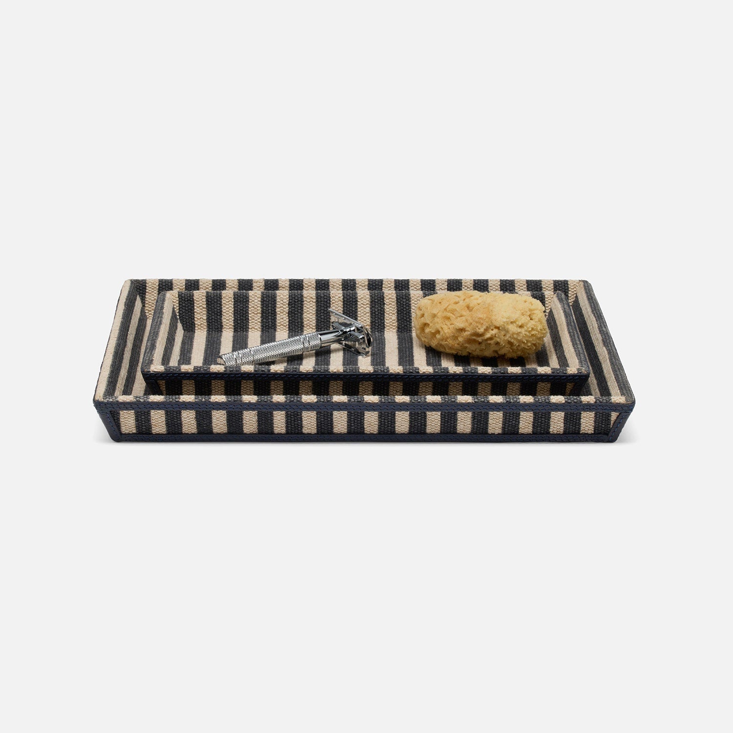 Franklin, Navy Striped/Navy, Nested Trays, Rectangular Tapered, Cotton Jute/Leather, S/2