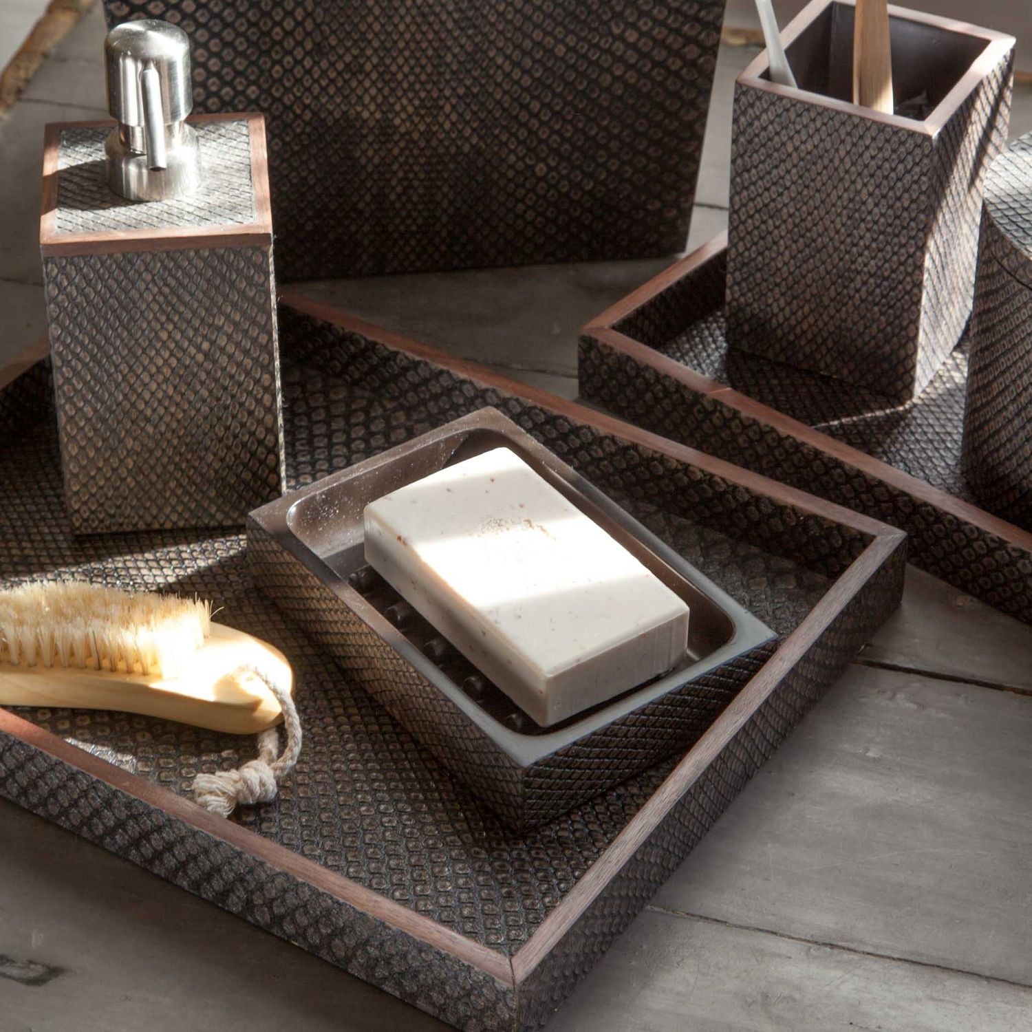 Goa, Dark Mushroom, Nested Trays, Rectangular Straight, Faux Boa, S/2