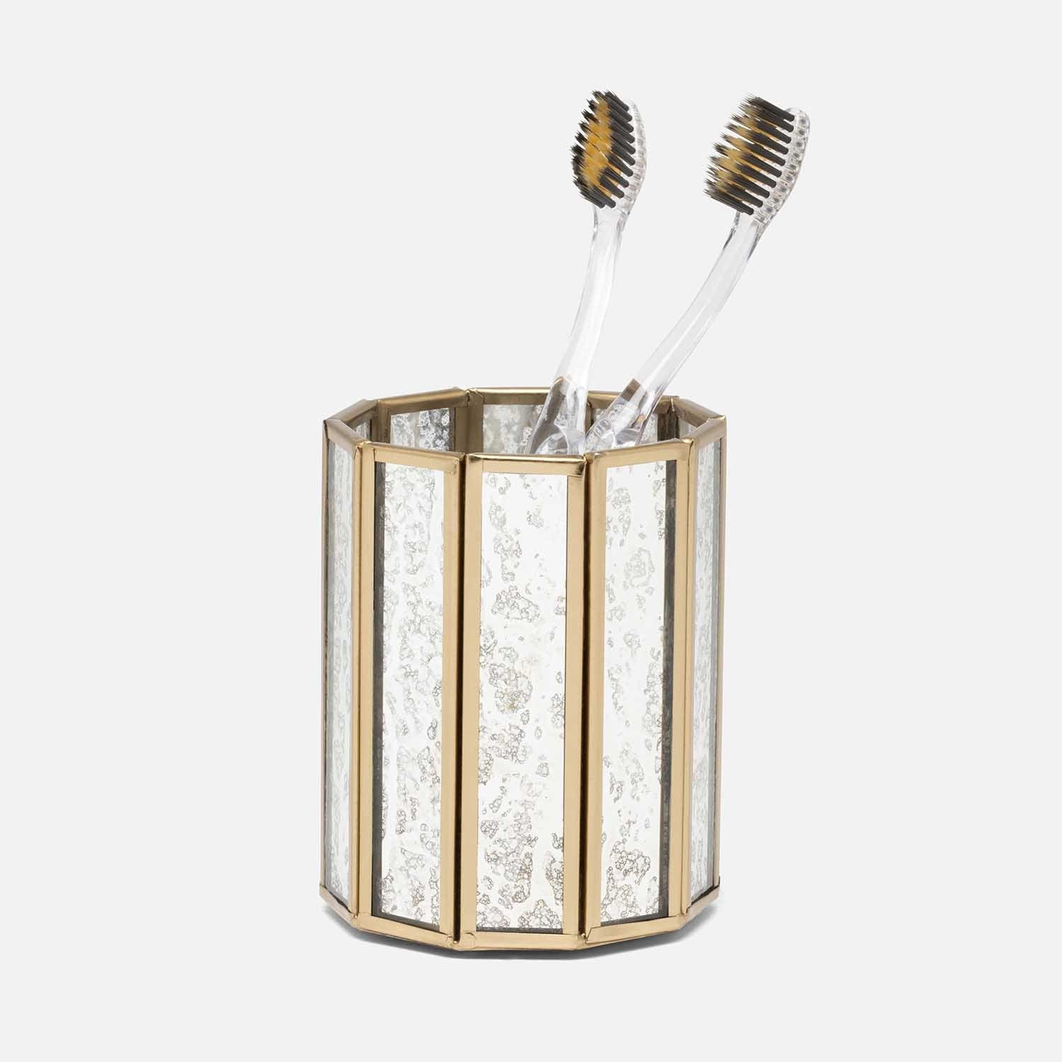 Grevena, Antique Gold, Eglomise Glass, Brush Holder, Round, Brass/Glass
