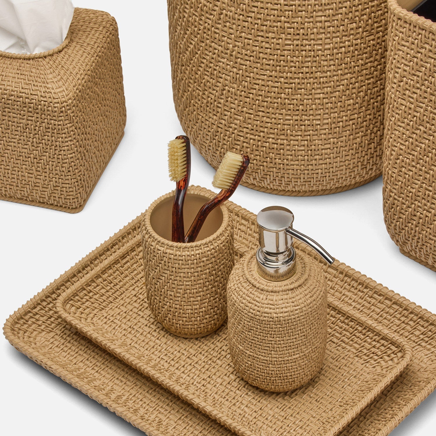 Nantes, Natural, Woven Textured, Brush Holder, Round, Resin