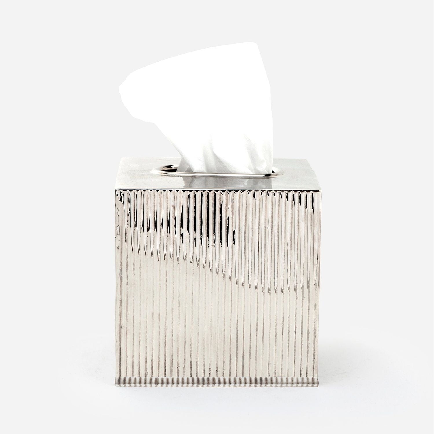 Redon, Shiny Nickel, Tissue Box, Square Straight, Ribbed Metal