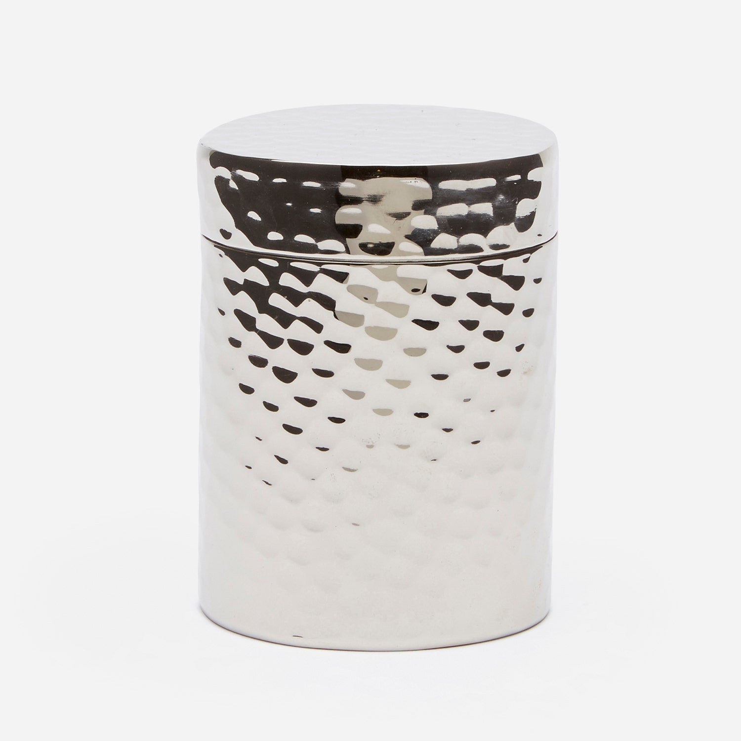 Verum, Shiny Nickel, Canister, Small, Round, Hammered Metal