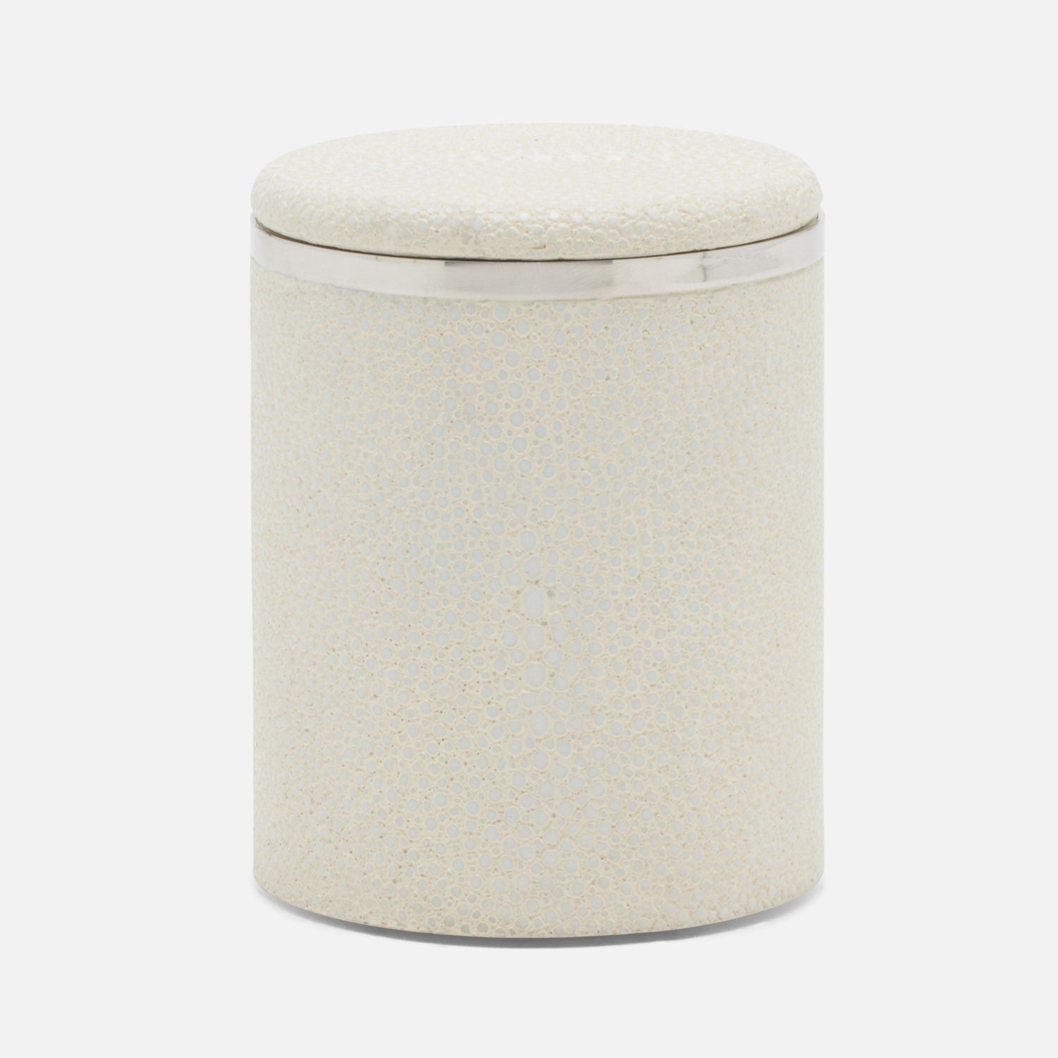 Bradford, Blanc Br/Silver, Canister, Small, Round, Realistic Faux Shagreen/Stainless Steel
