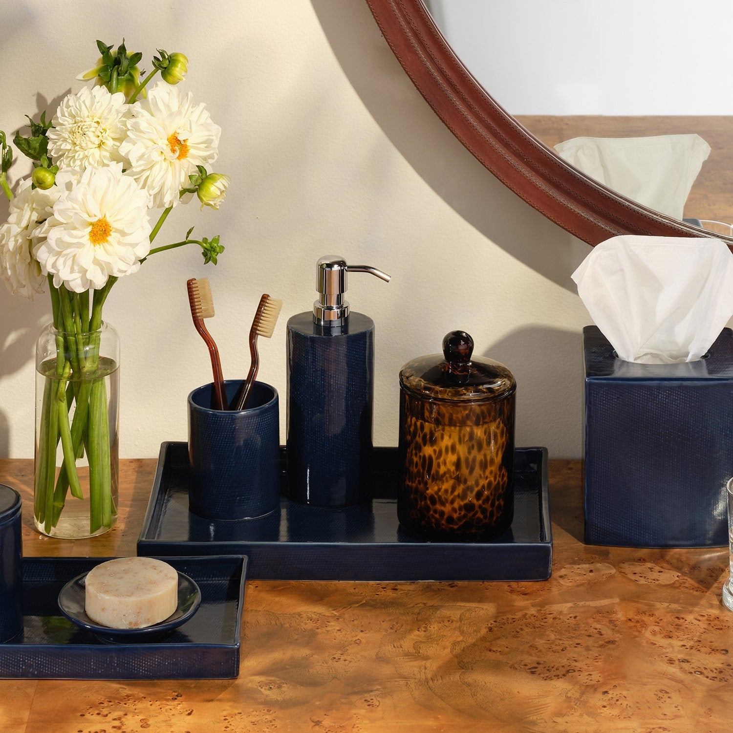 Cordoba, Navy Burlap, Brush Holder, Round, Ceramic