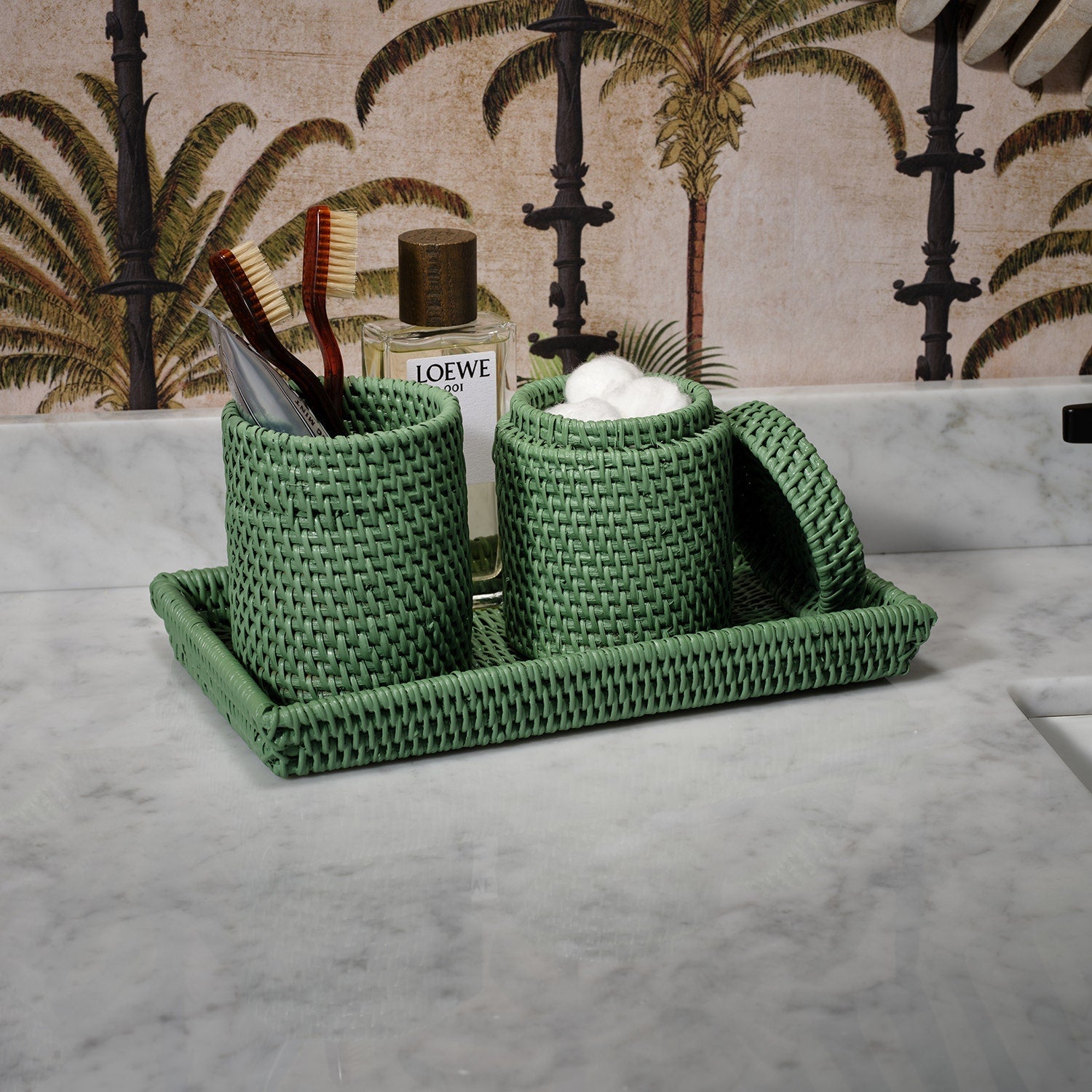 Dalton, Moss Green, Brush Holder, Round, Rattan