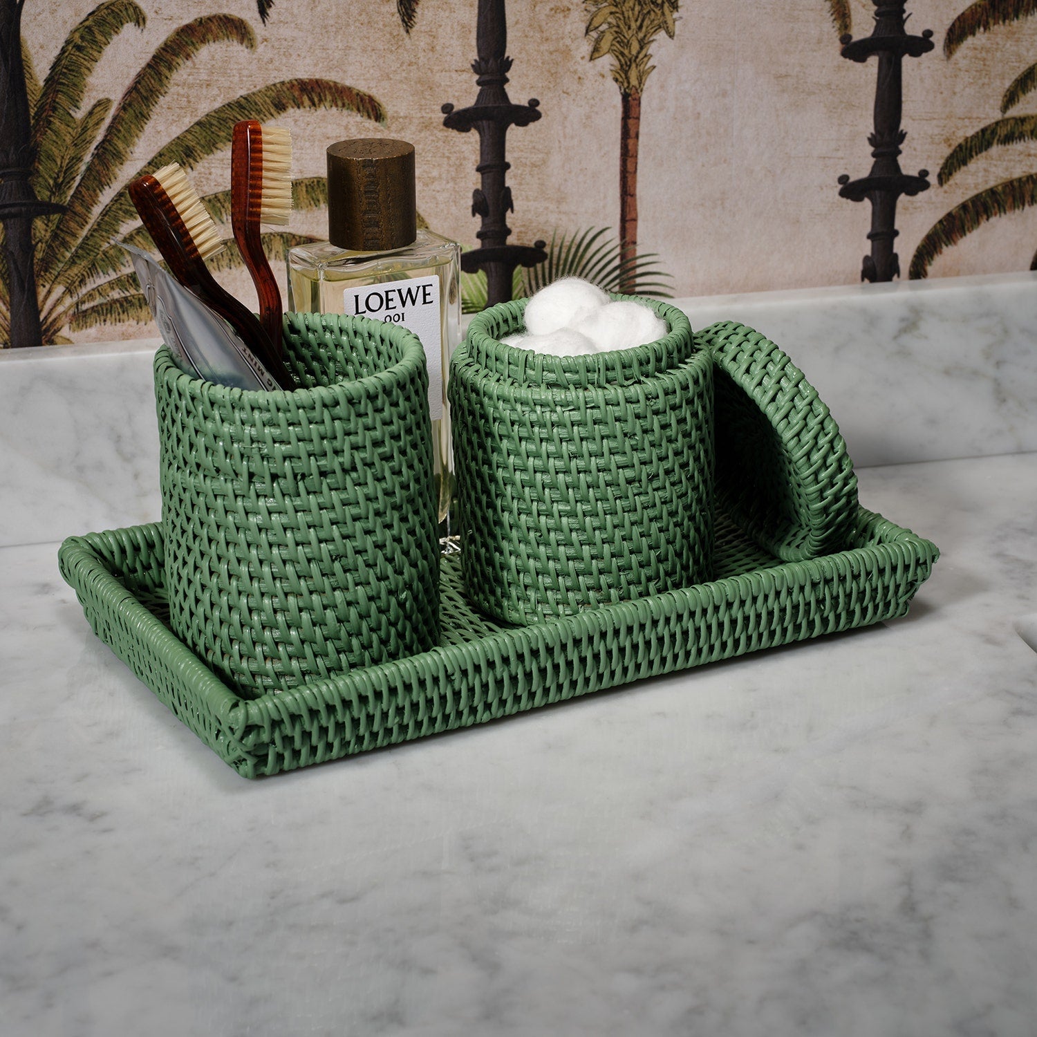Dalton, Moss Green, Brush Holder, Round, Rattan