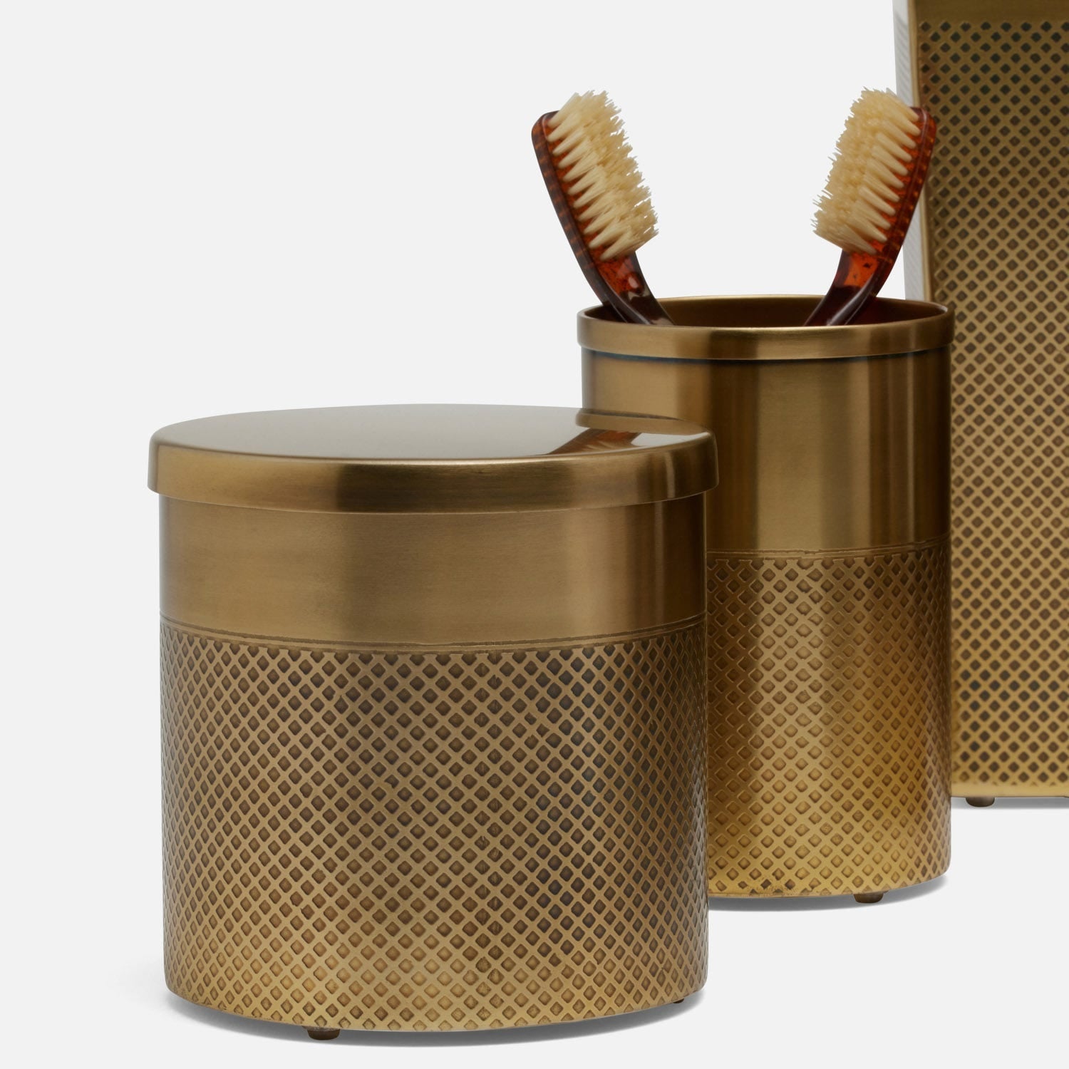 Hagen, Antique Brass, Brush Holder, Round, Textured Stainless Steel