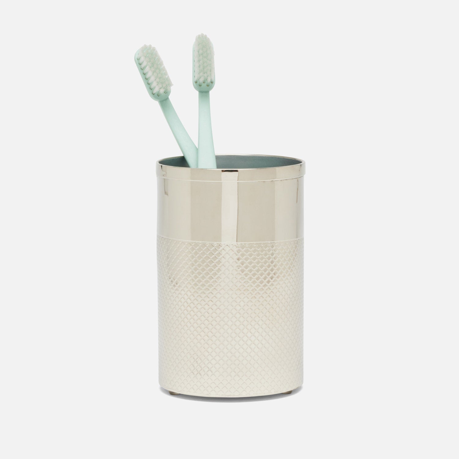 Hagen, Shiny Nickel, Brush Holder, Round, Textured Stainless Steel