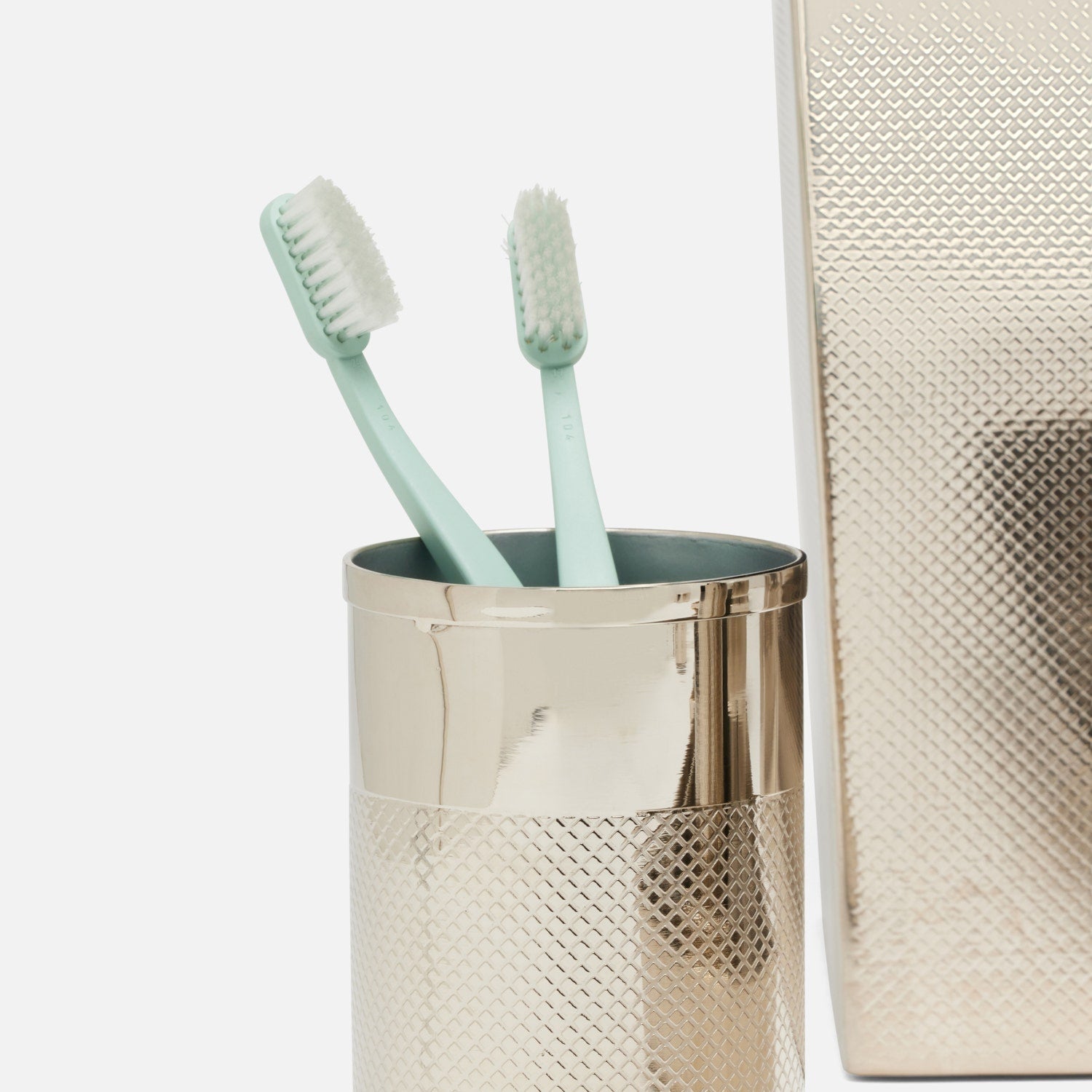 Hagen, Shiny Nickel, Brush Holder, Round, Textured Stainless Steel
