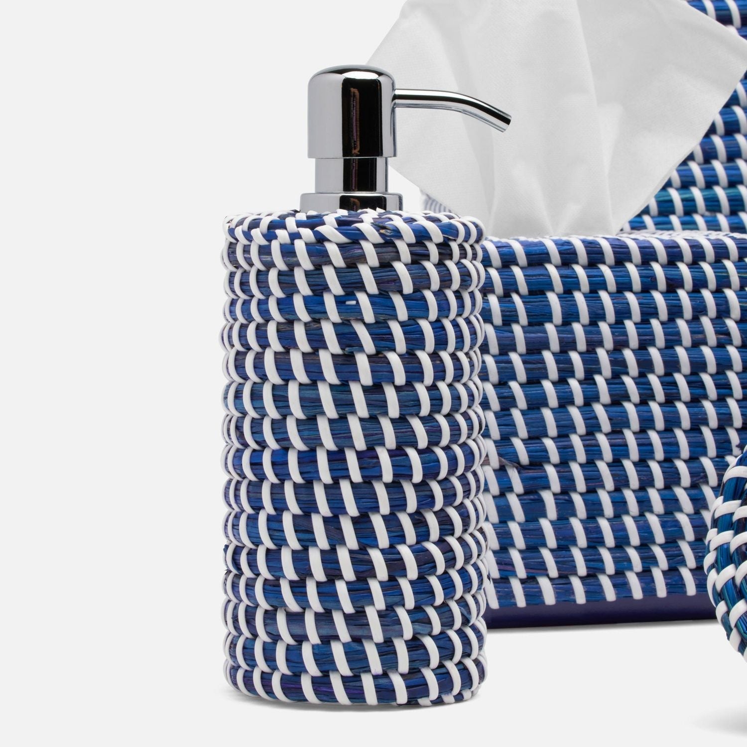 Kythira, Navy/White, Soap Pump, Round, Seagrass