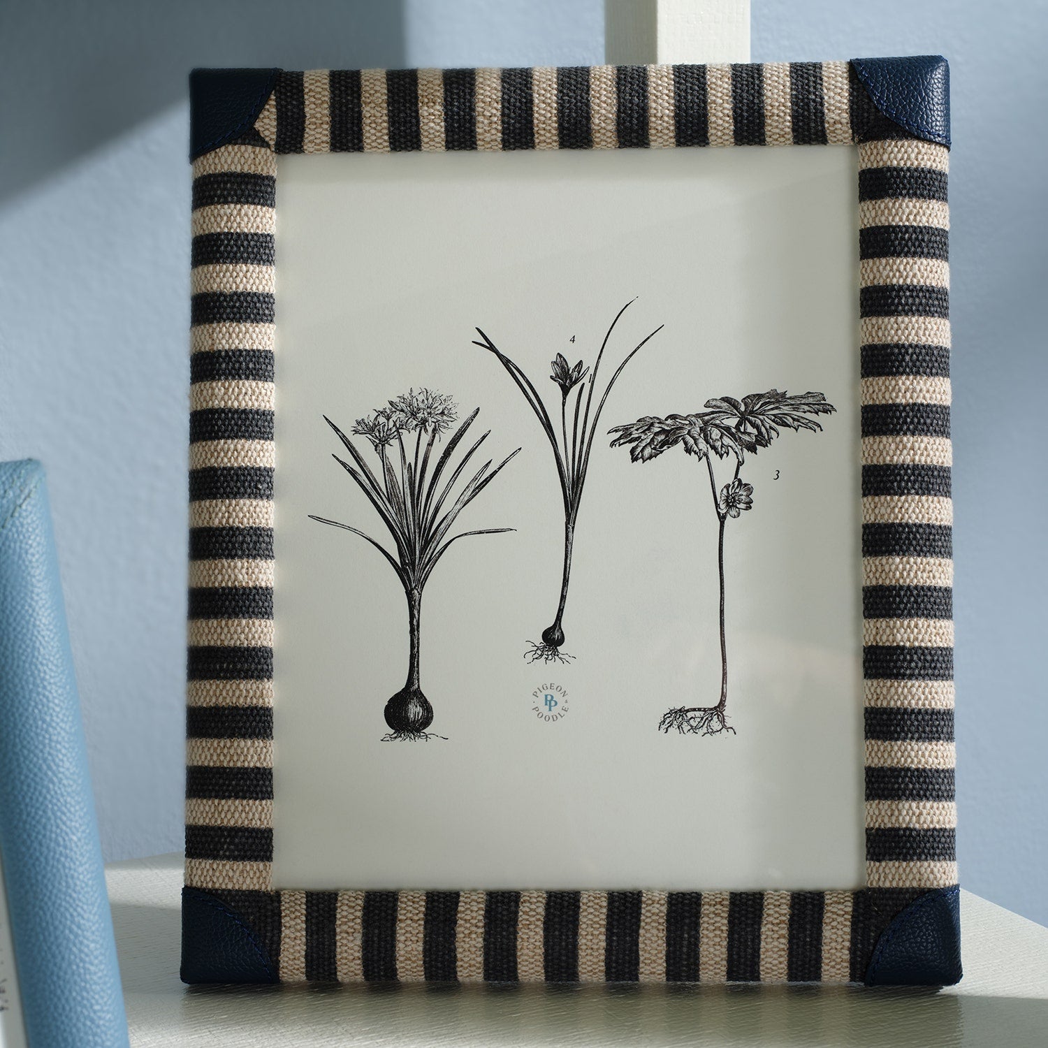Franklin, Navy Striped/Navy, Frame, 8"X10", Cotton Jute/Leather