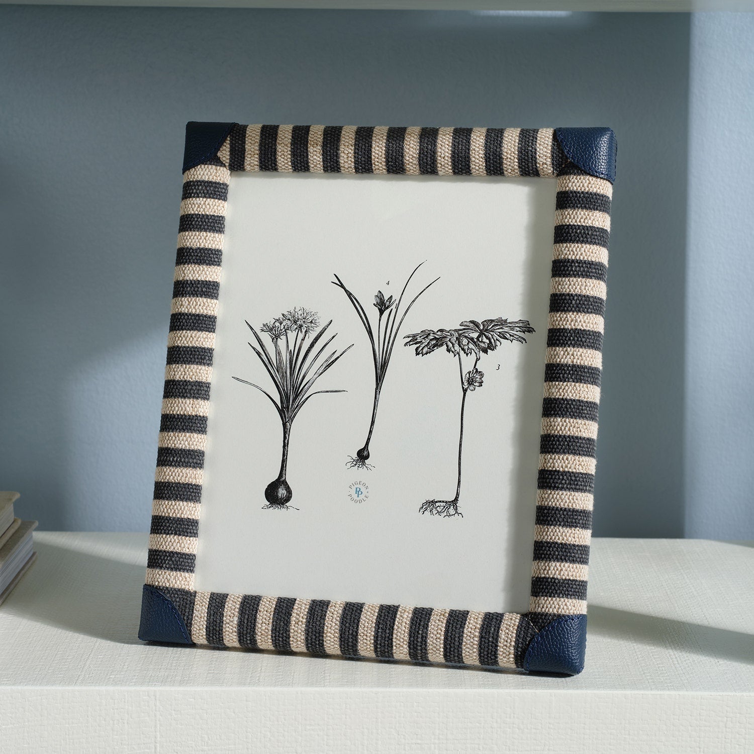 Franklin, Navy Striped/Navy, Frame, 8"X10", Cotton Jute/Leather