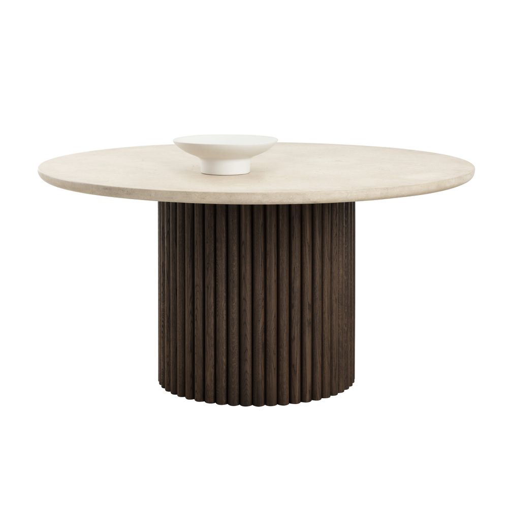Alternate view of Banyan Dining Table, featuring honed stone finish, marble, wood, and a central pedestal base.